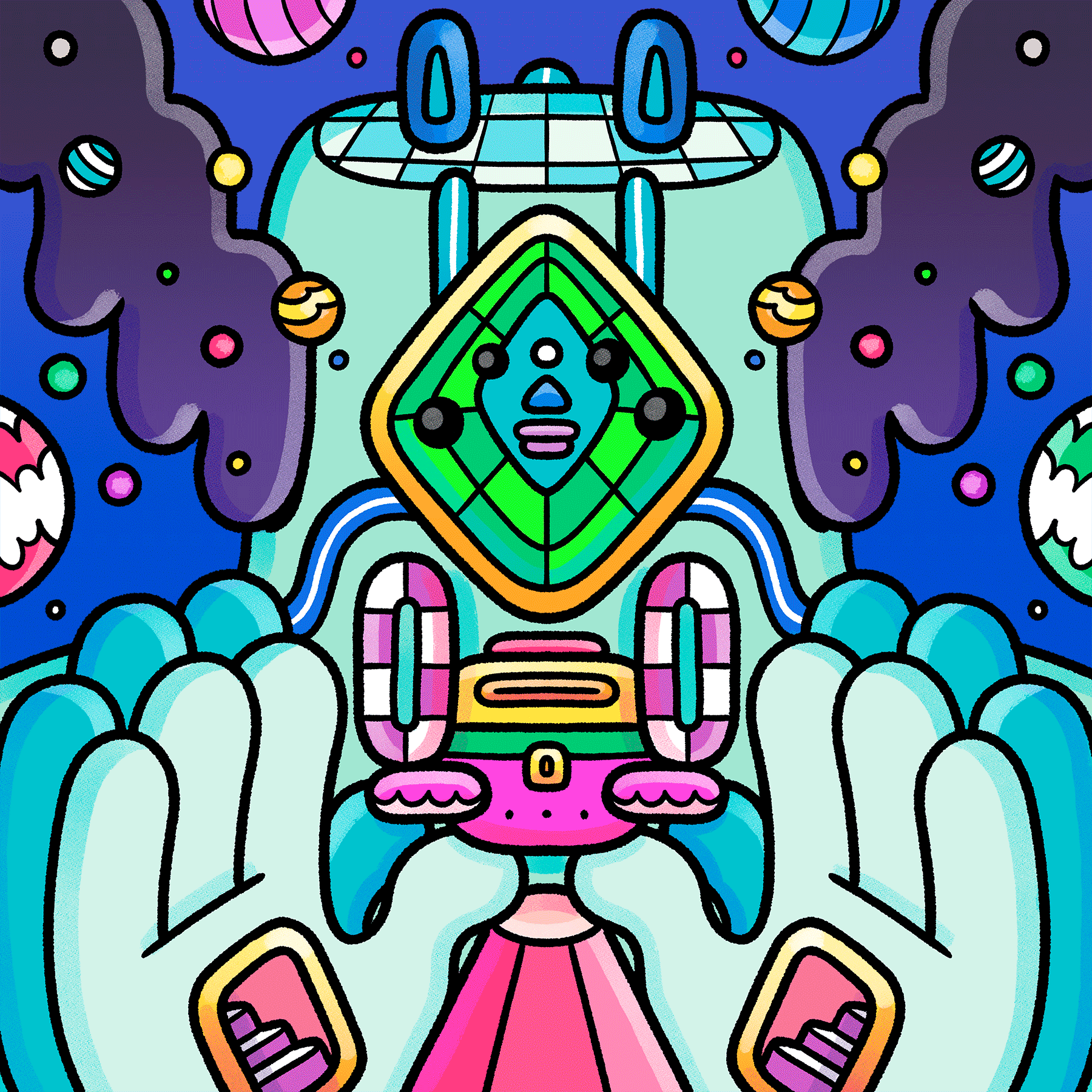 Mystical psychedelic god featuring palm staircases and passages with lightning coming from its neck.