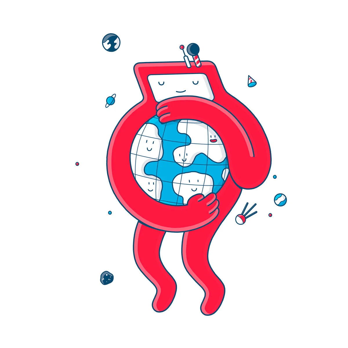 Red illustrated character affectionately hugging a globe to represent United Nations SDG protection goals. 