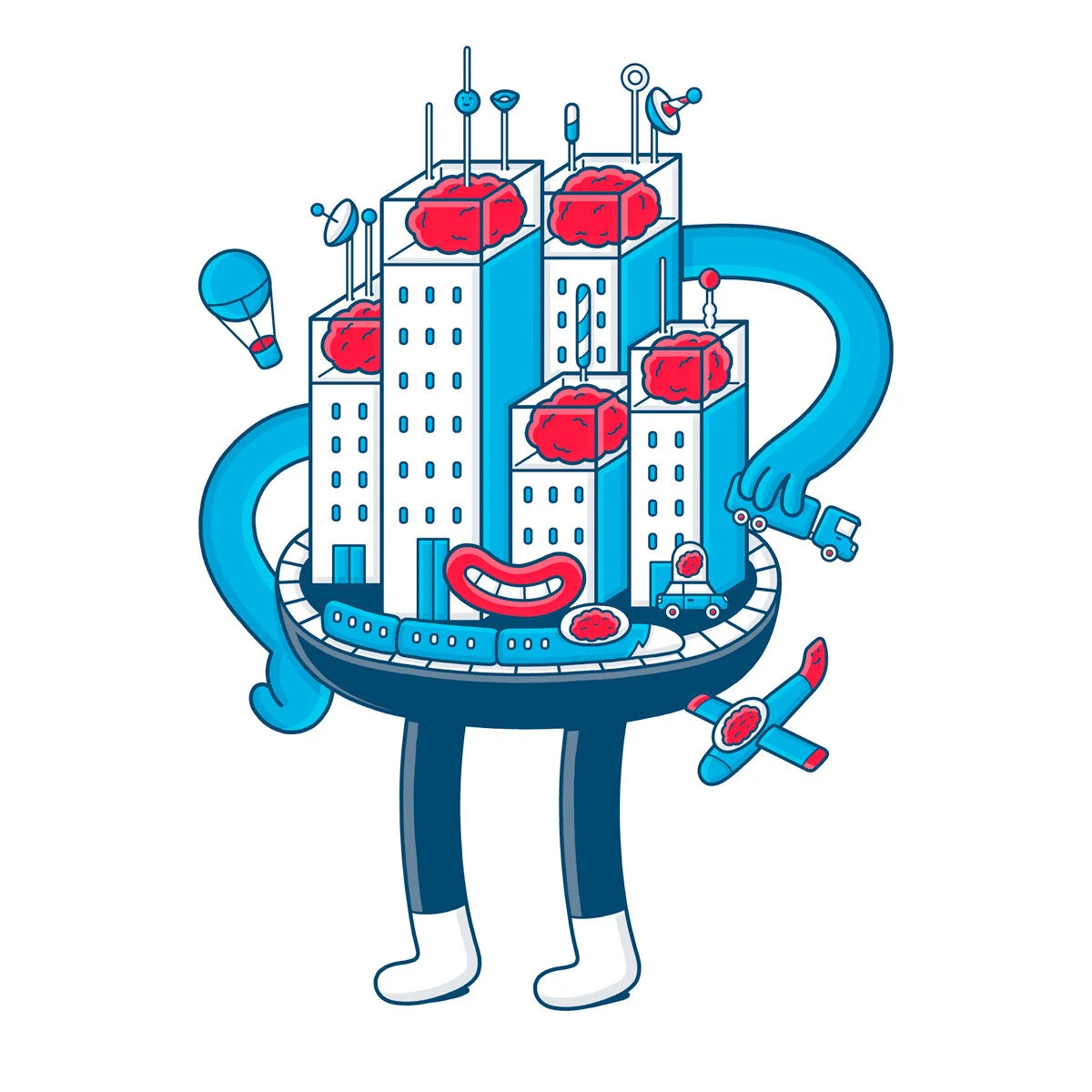 City-shaped character with skyscrapers, train belt, and brain top illustrating smart urban infrastructure. 