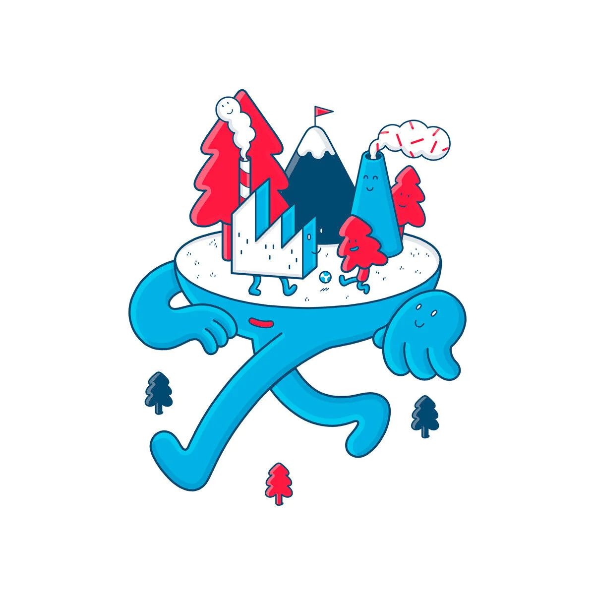 Character featuring countryside landscape and factories living in sustainable harmony on top.