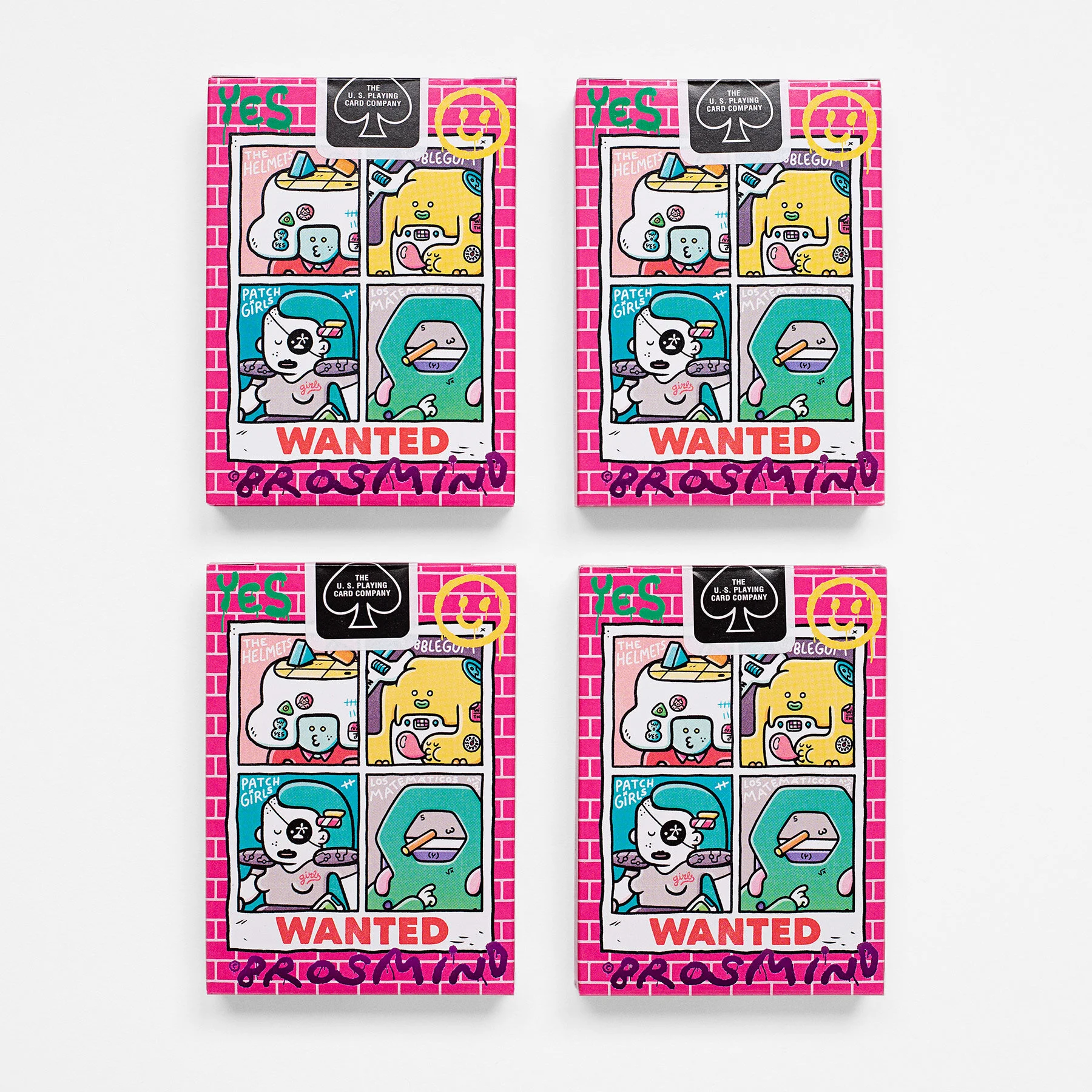 Back view of the Bicycle Four Gangs playing card packaging, explaining the 4 imaginative character gangs created by Brosmind.
