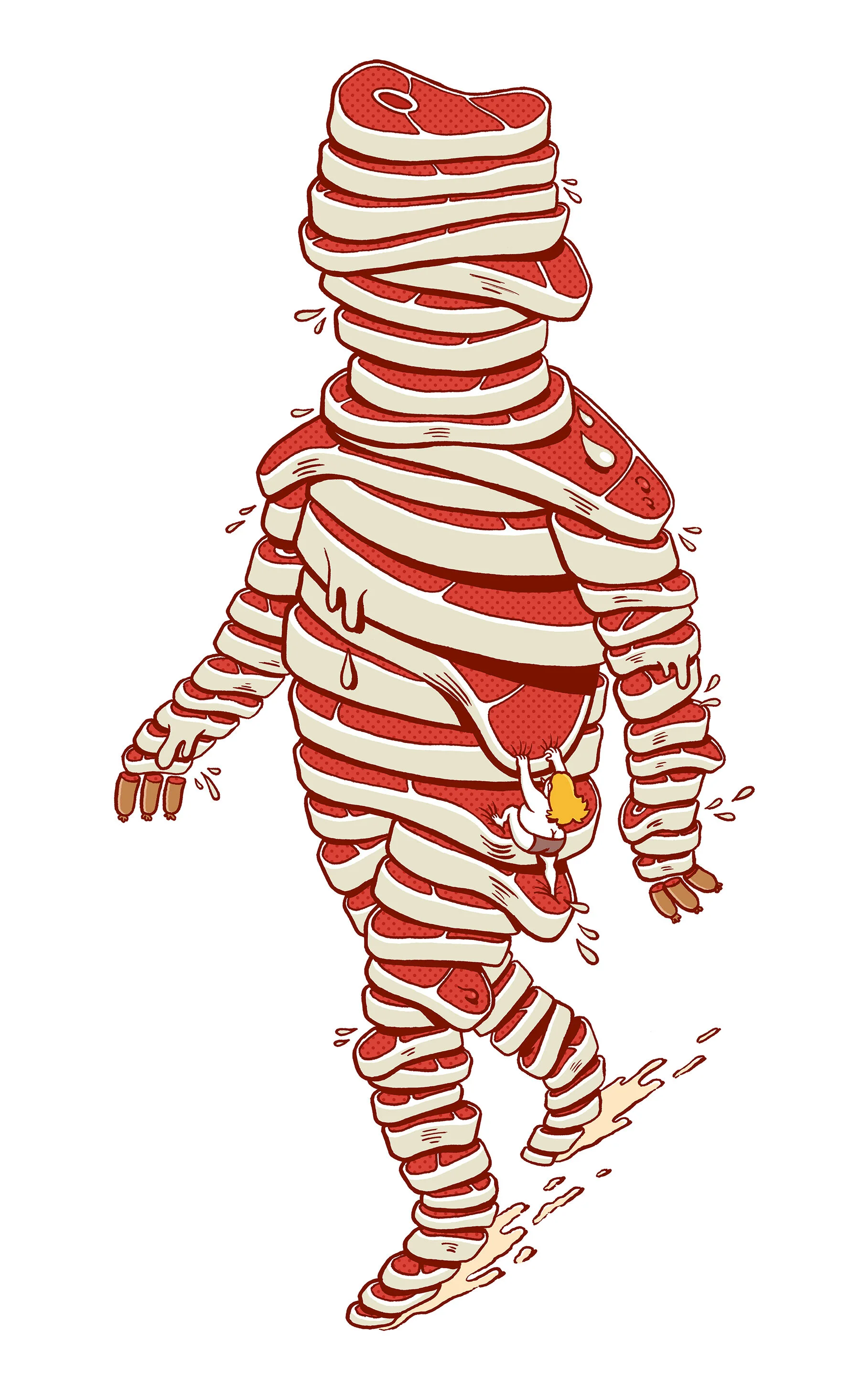 Iconic Brosmind character Meat Man, built from stacked steaks and climbed by a tiny woman, for Étapes magazine cover.