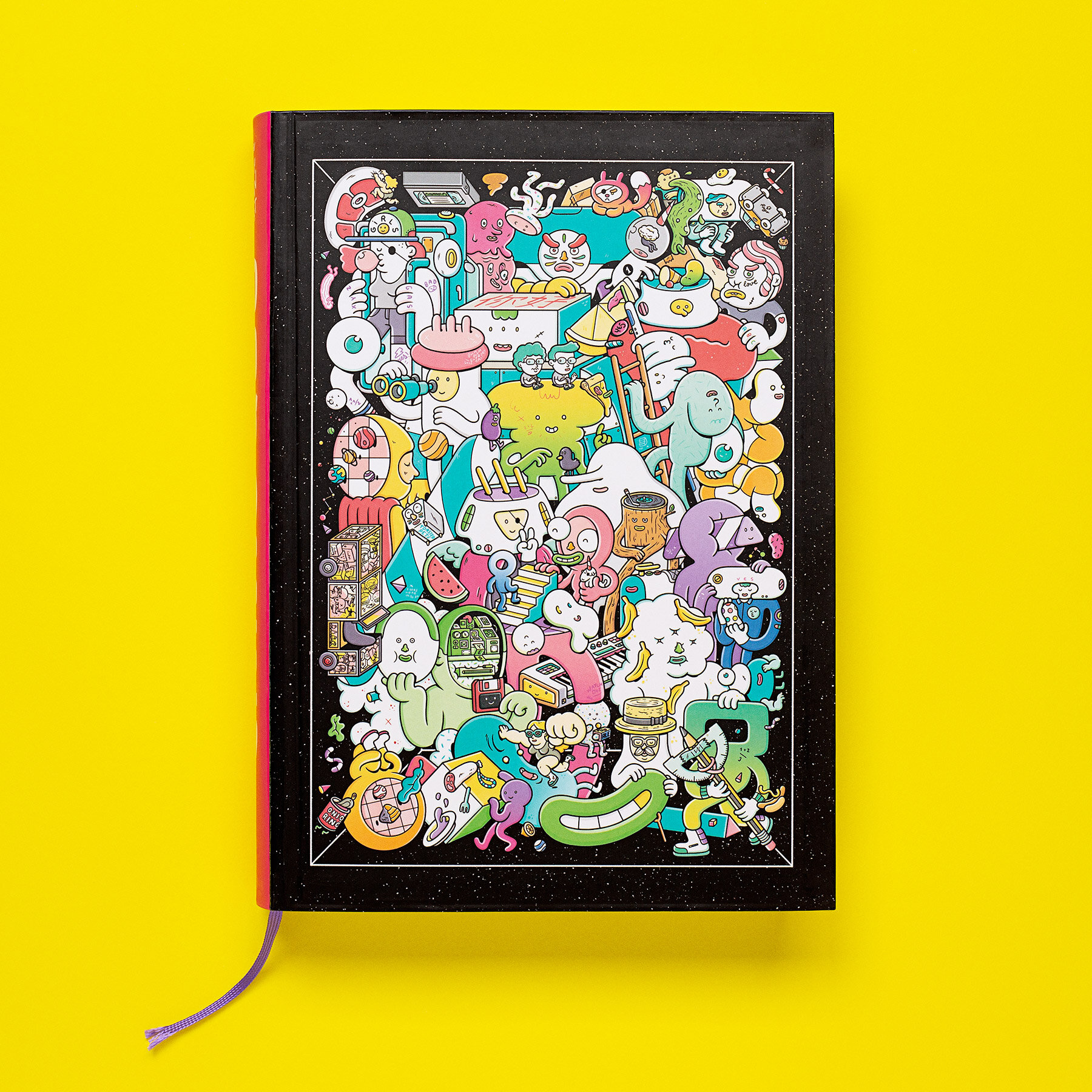 Top view of the yellow cover of the MORE WHY HOW WHAT monograph book featuring colorful Brosmind art.