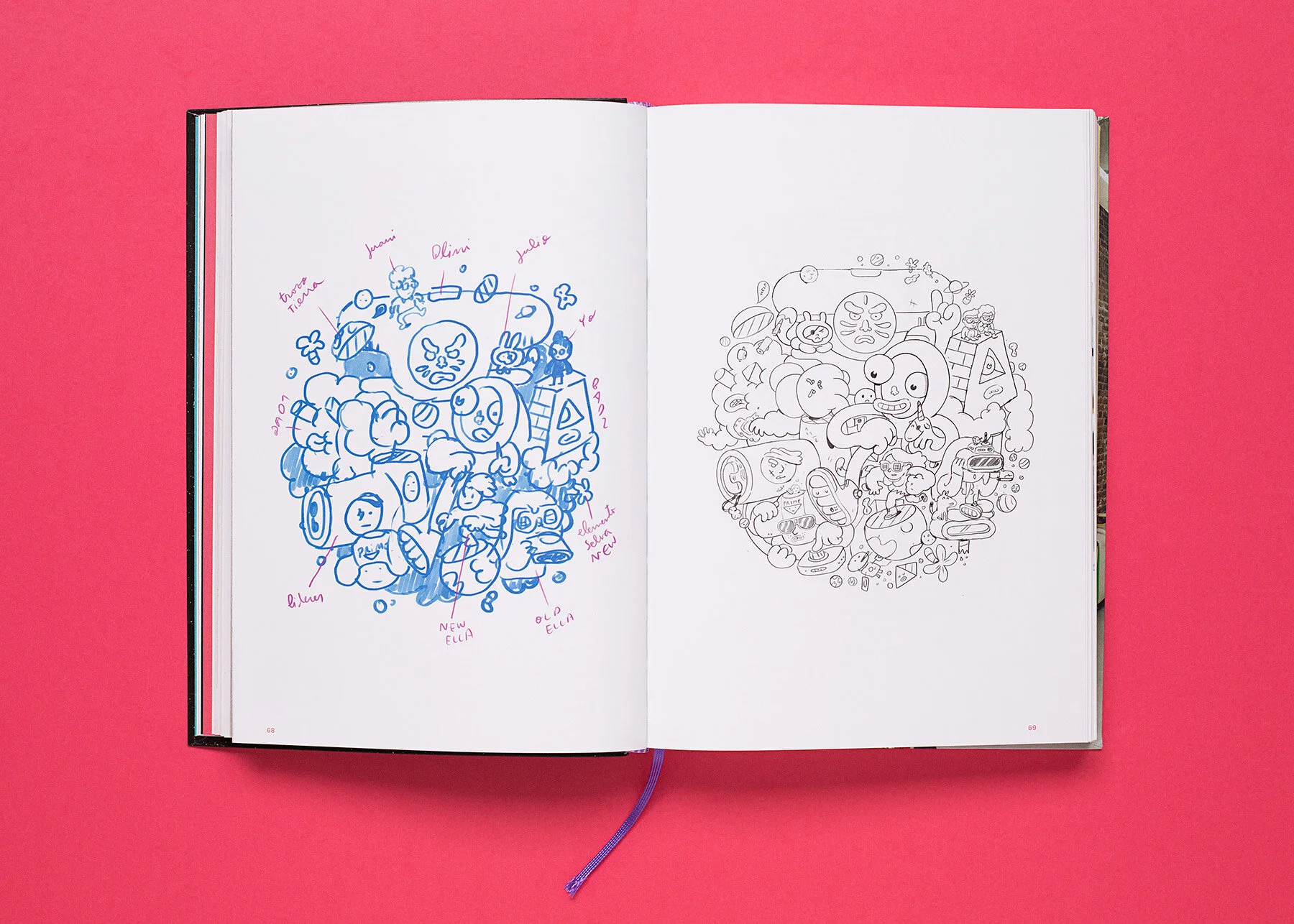 Interior double page displaying pencil sketches that showcase the creative illustration process.