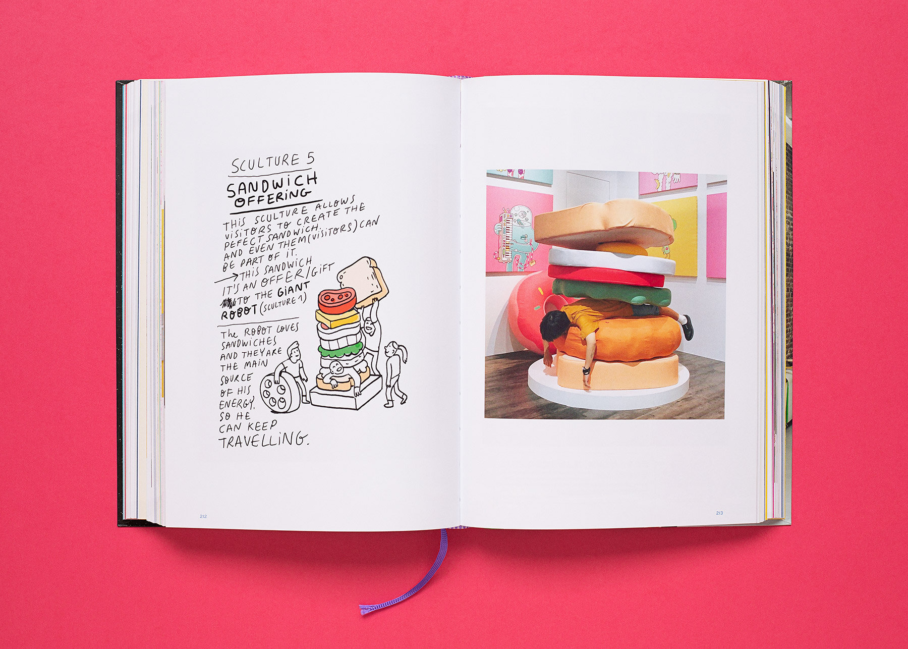 Giant interactive hamburger sculpture alongside its initial conceptual sketch in the book pages.
