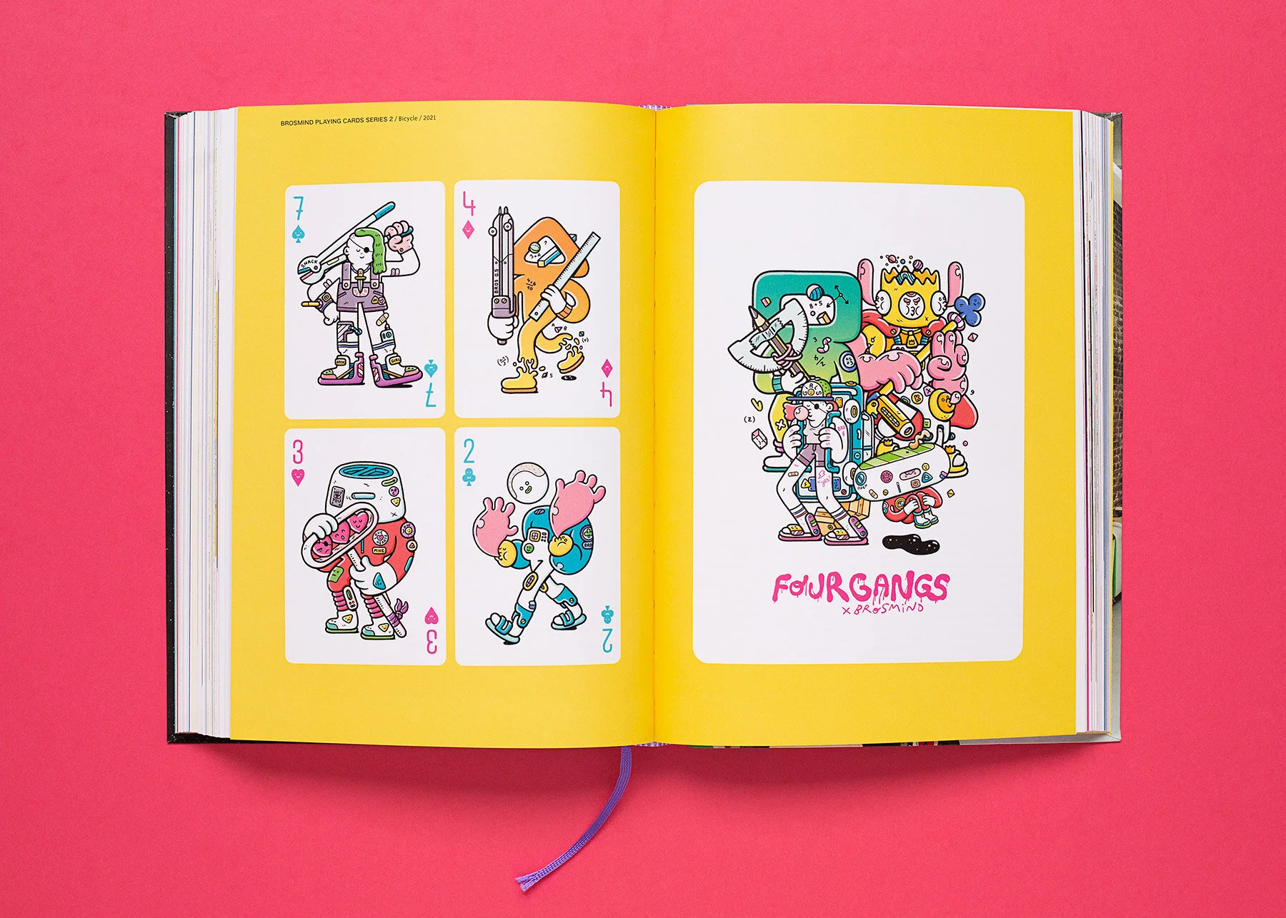 Selection of colorful character design illustrations displayed on an interior double page.