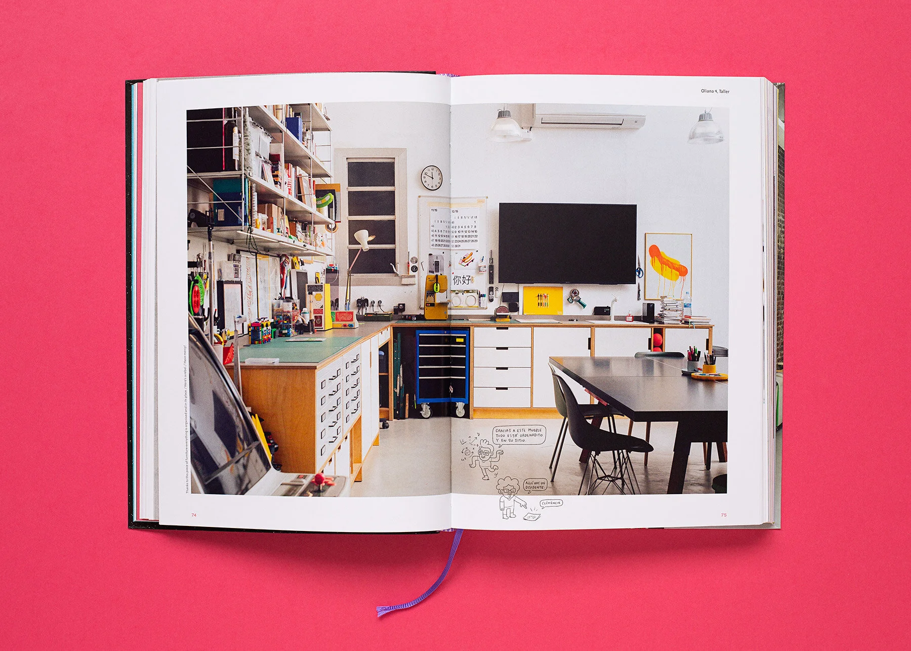 Overhead view of the Brosmind studio in Barcelona filled with art supplies, shelves, and desks. 