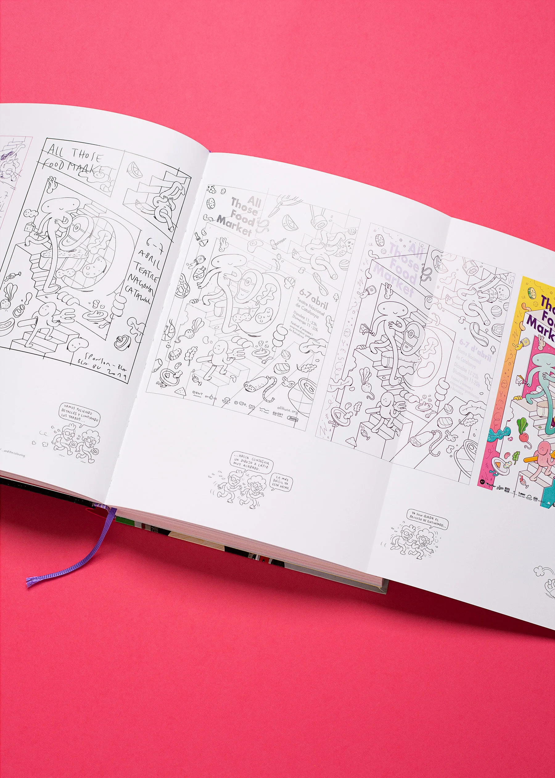 Fold-out page revealing the step-by-step creation process from initial sketch to final ink and color. 