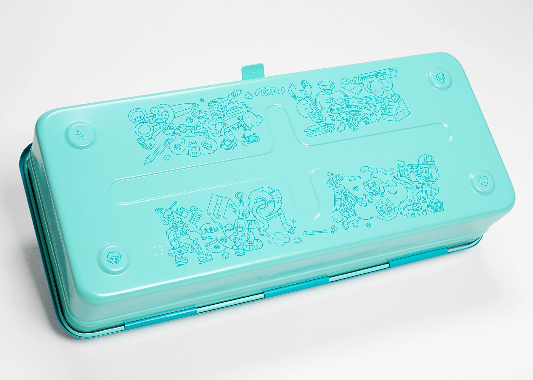 Bottom view of the mint green TOYO tool box covered in turquoise screenprinted illustrations by Brosmind.