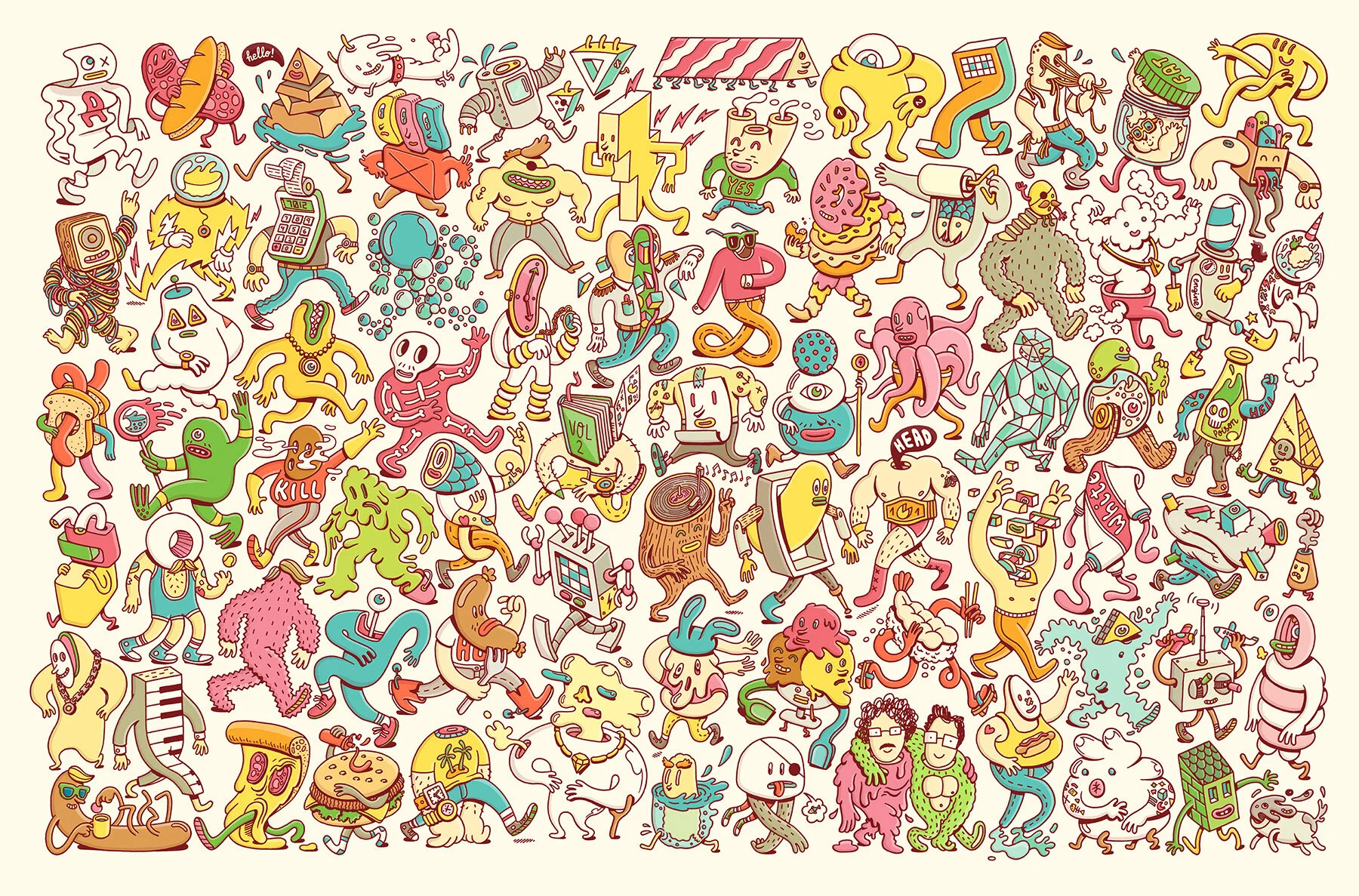 Landscape Brosmind illustration featuring a parade of cheerful, fun, and surreal characters packed with unique imagination.