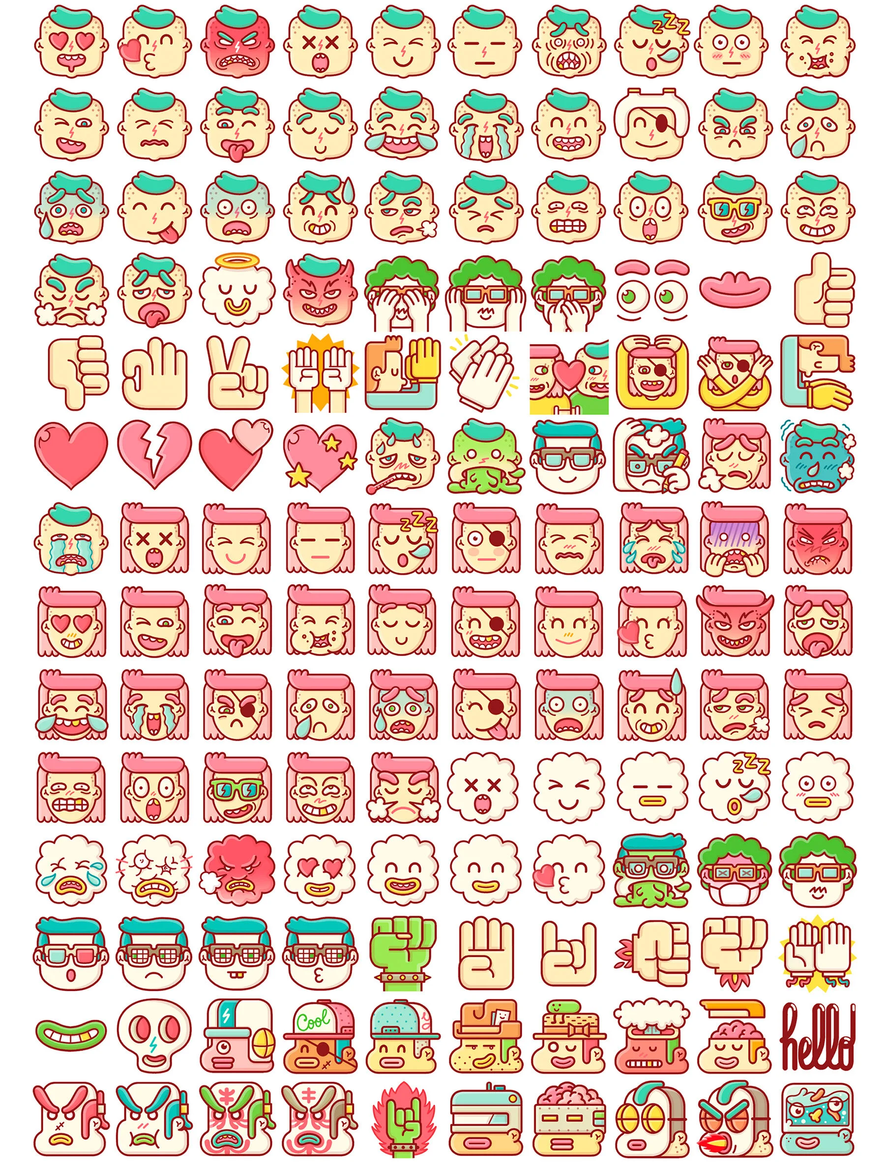 Emoji grid featuring human and fantasy characters with a full range of standard facial expressions.