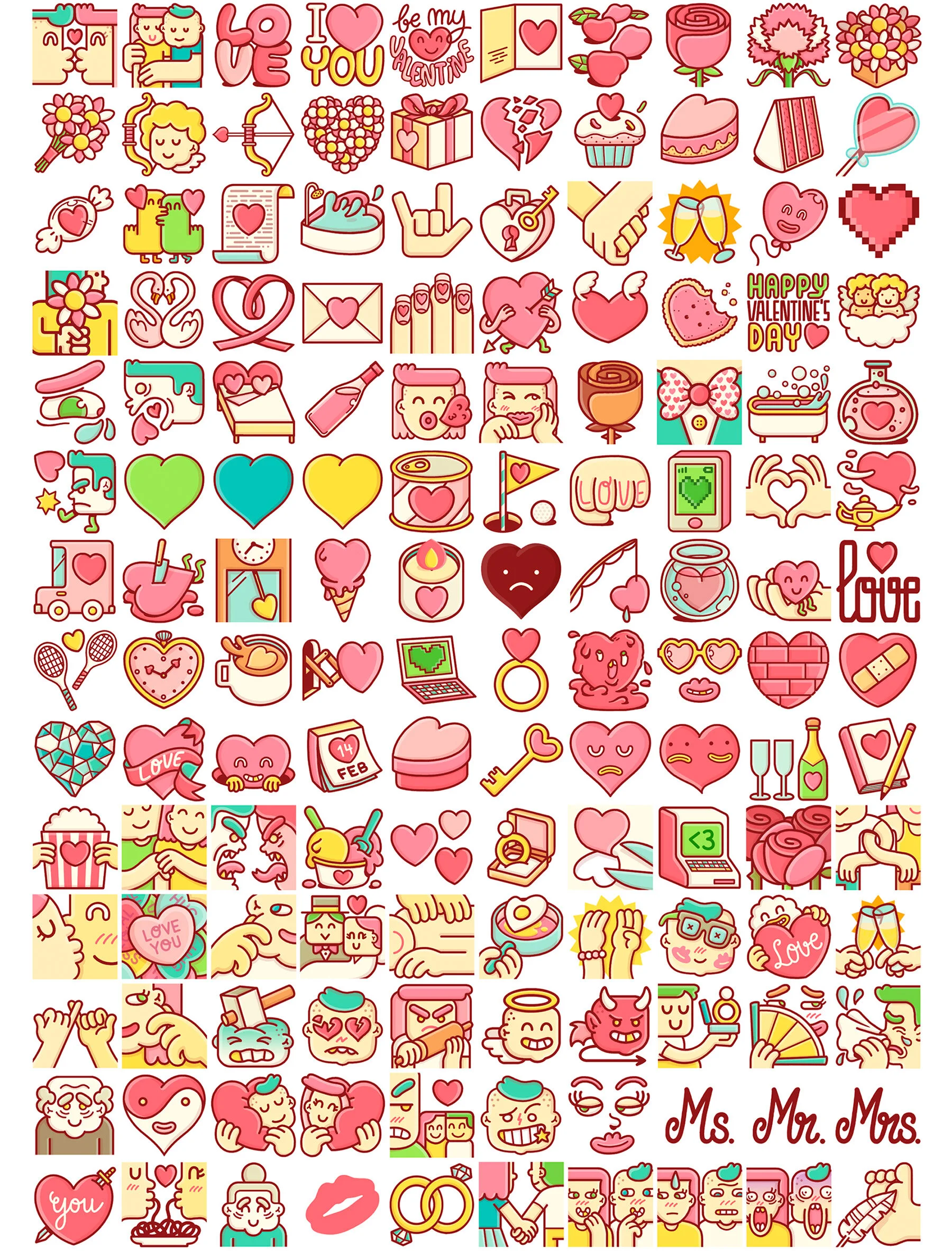 Set of custom messaging emojis featuring love, hearts, cupid, rings, and Valentine concepts. 