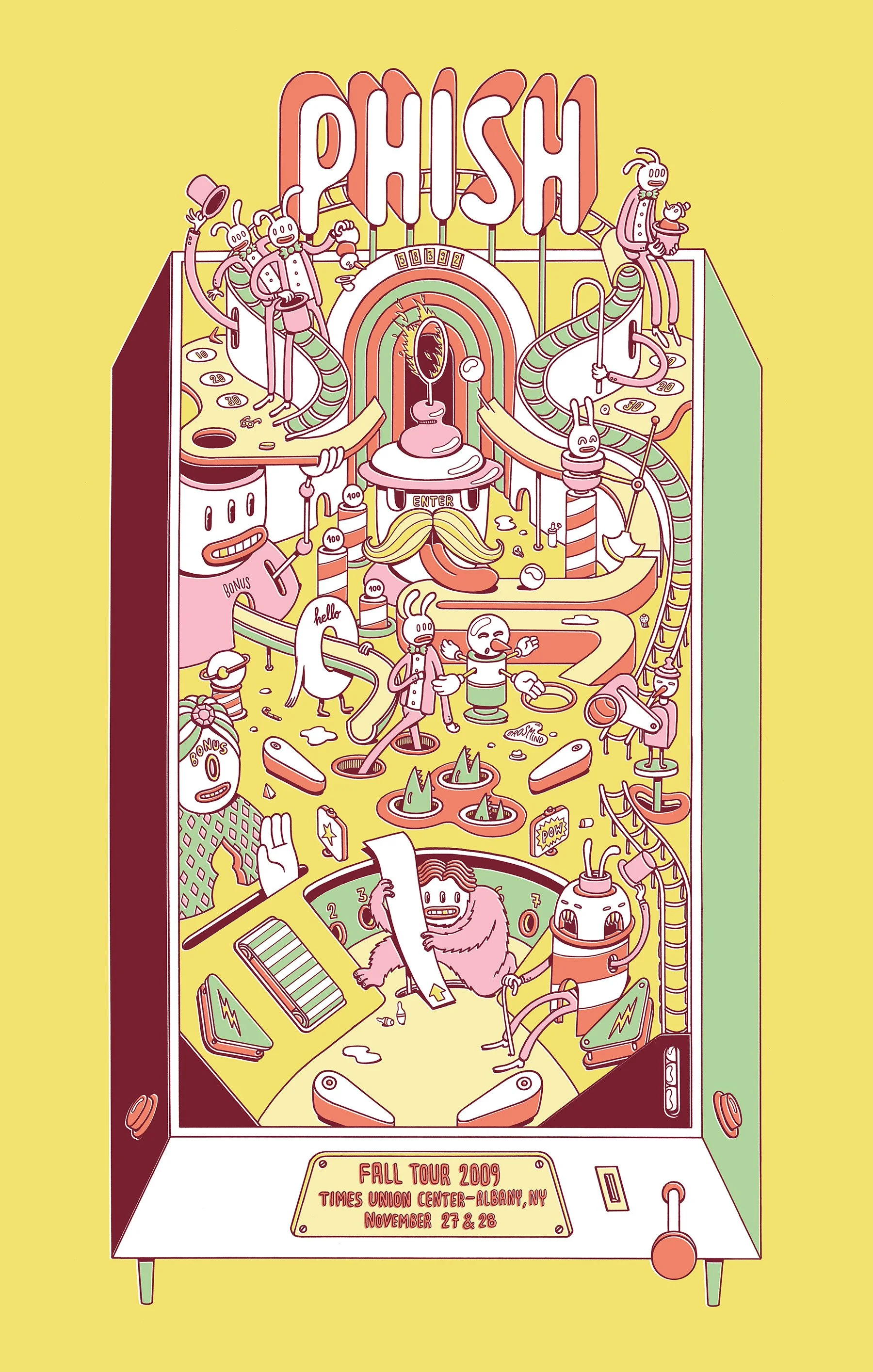 Top-down vintage pinball machine illustration with retro pastel colors for a 2009 Phish concert in Albany NY.