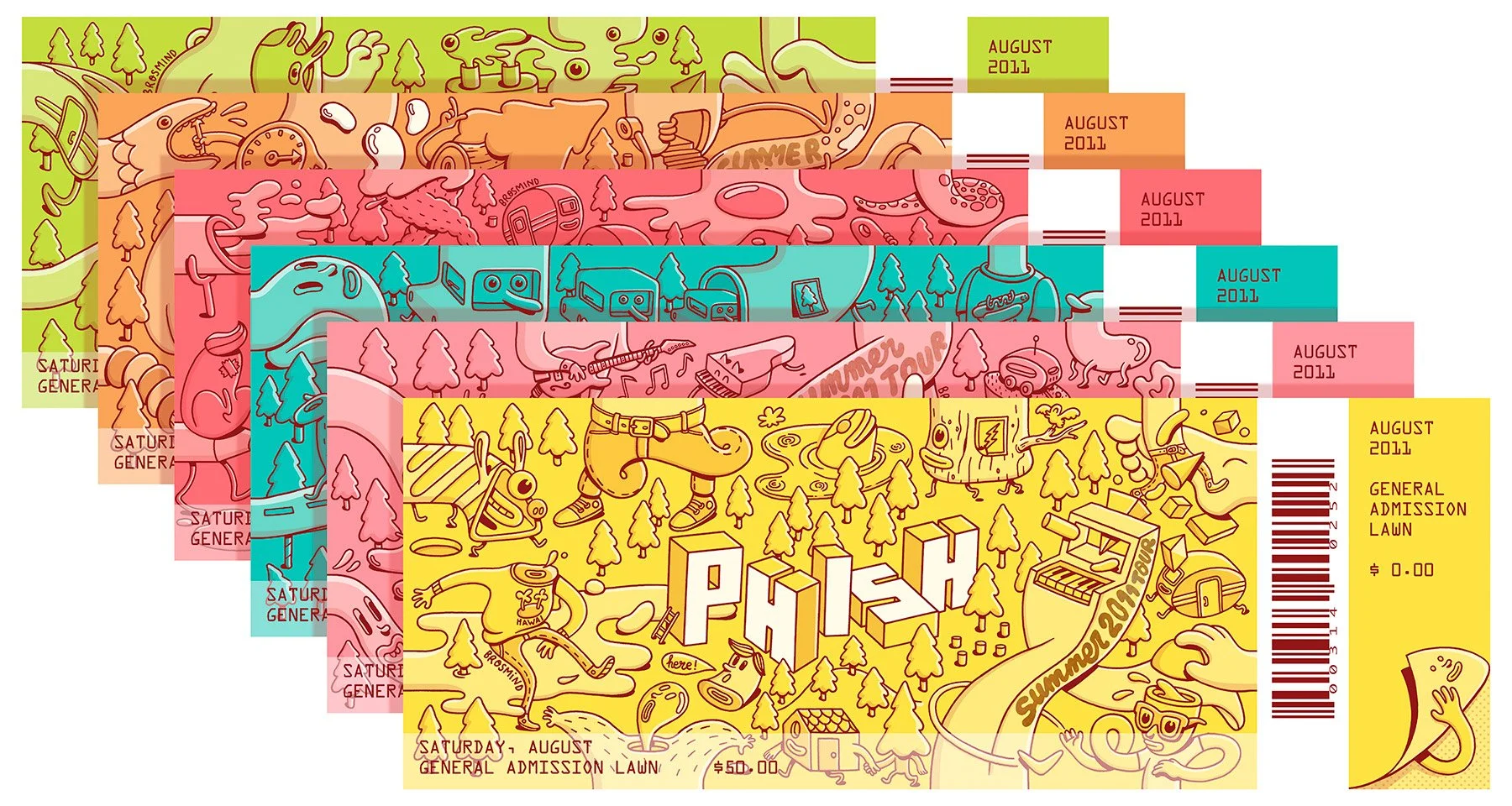Stacked arrangement of colorful 2011 Phish Summer Tour ticket designs showing varied artwork.