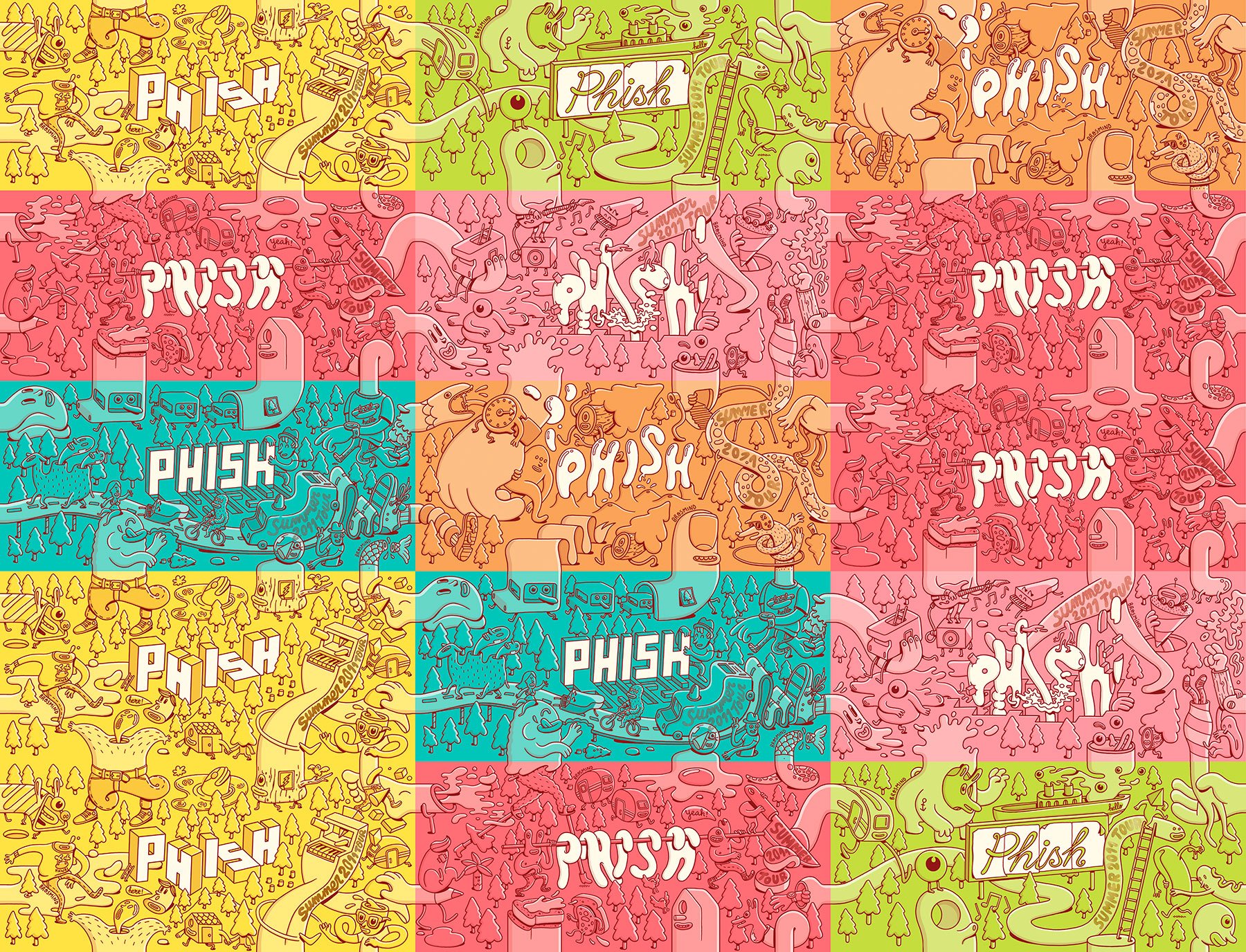Interlocking Phish 2011 Summer Tour tickets combined together to create a giant modular illustration artwork.