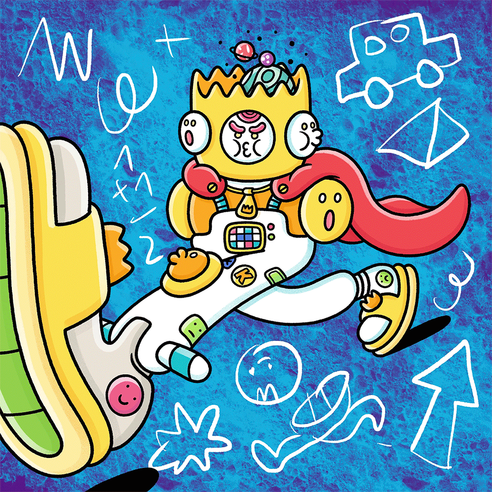 Animated GIF of a Bicycle King playing card character walking while small shoulder heads inflate his bubblegum arms.