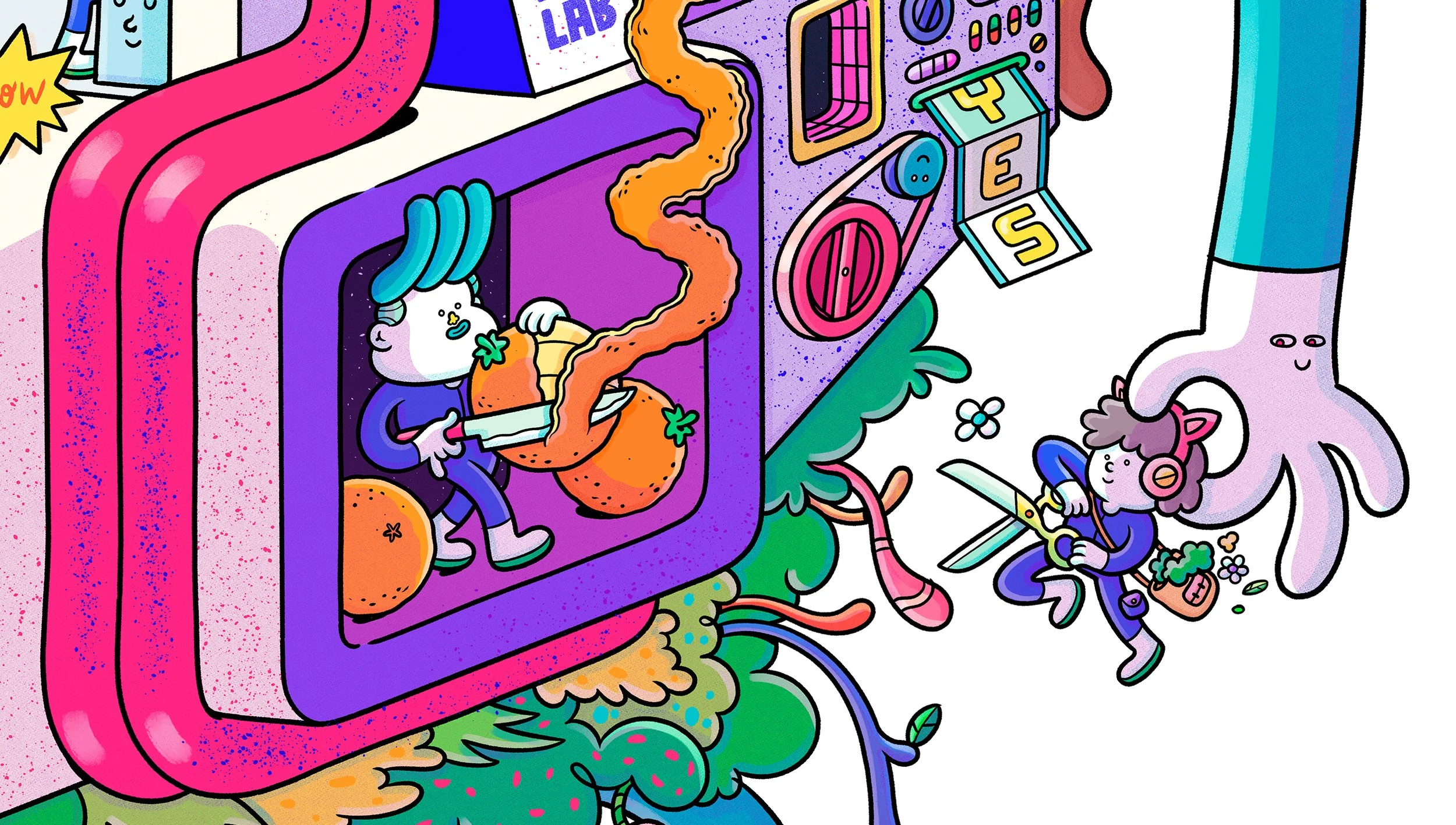 "Close-up illustration detail featuring a character peeling a giant orange next to a girl wearing cat-ear headphones pruning plant