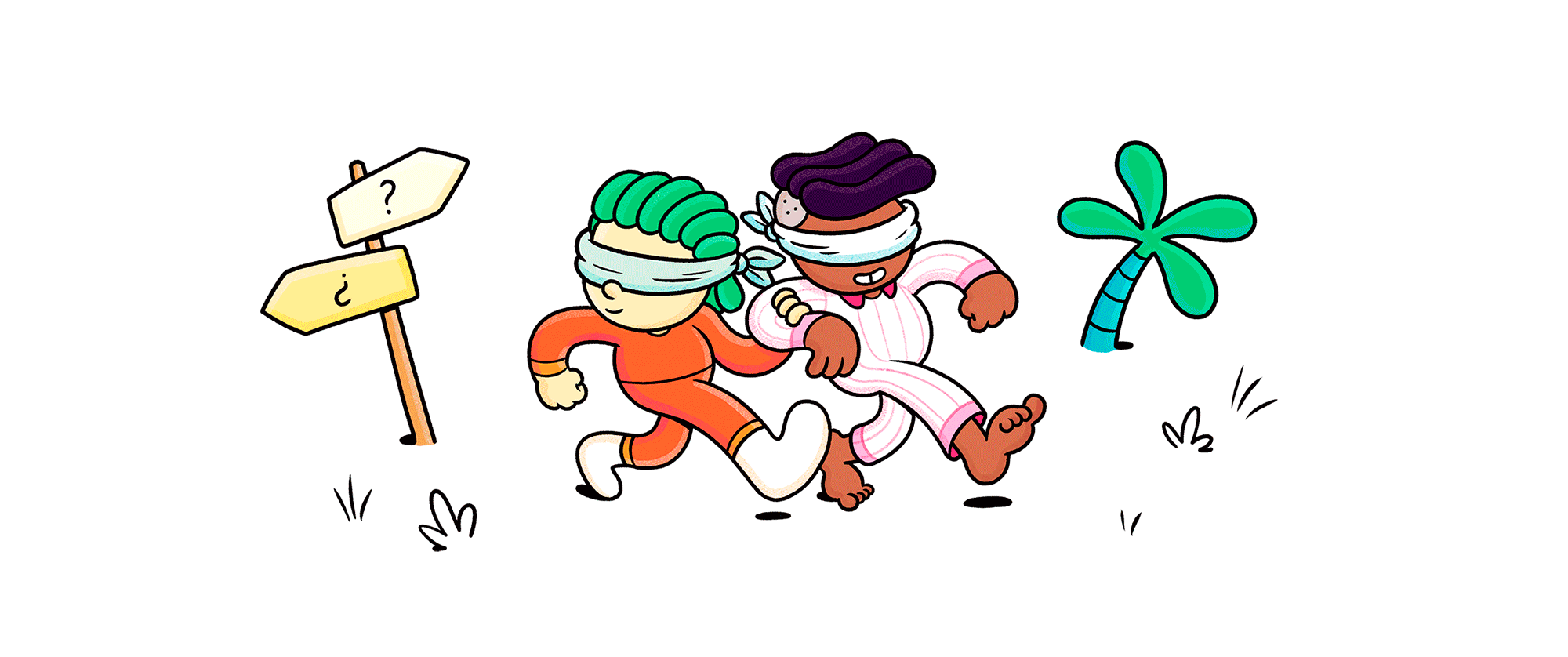 Animated GIF compiling Brosmind's voucher booklet illustrations for Movistar Plus+, showing characters in fun domestic activities.