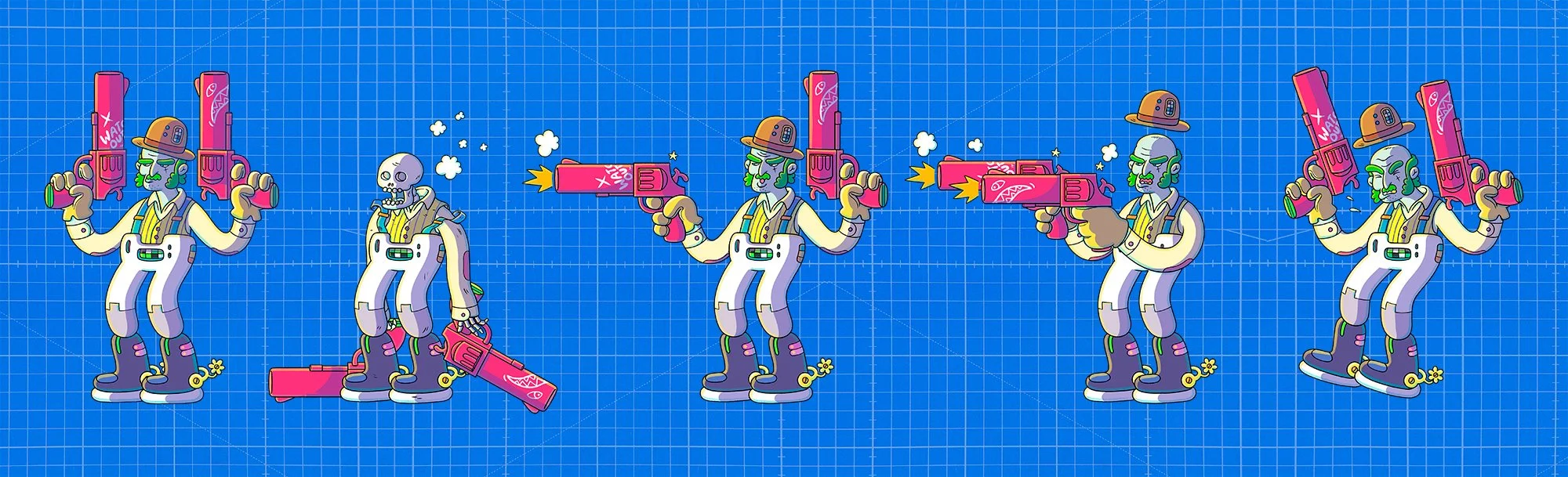 Final rendered character asset sheet with full color turnarounds and details for the Pinball Riders prototype.