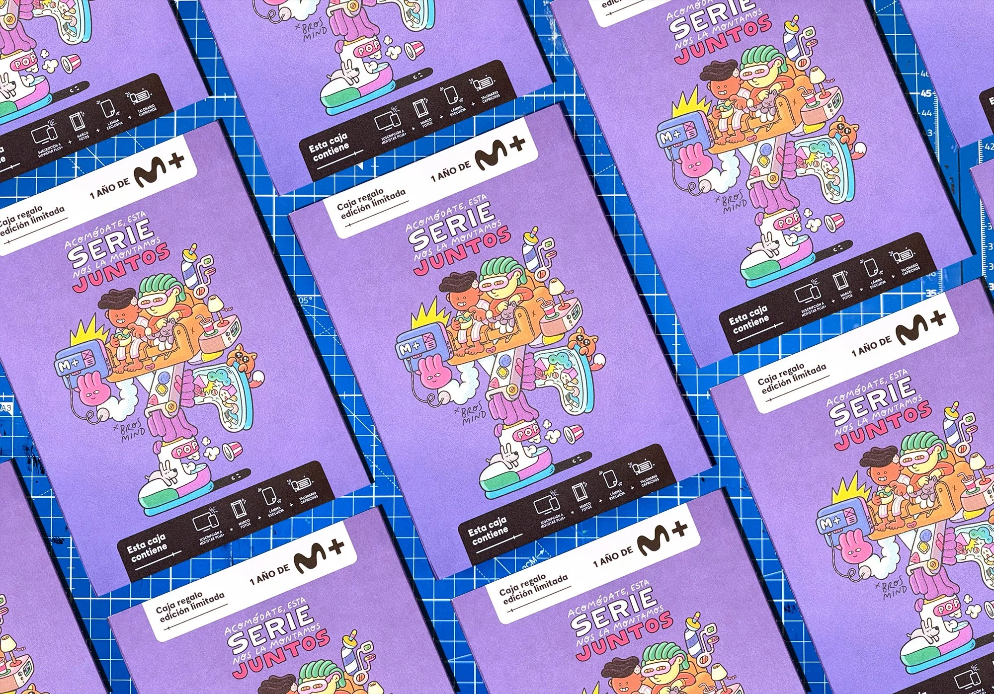 Grid layout arrangement of multiple printed Movistar Plus+ gift box packagings featuring Brosmind's commercial illustration.