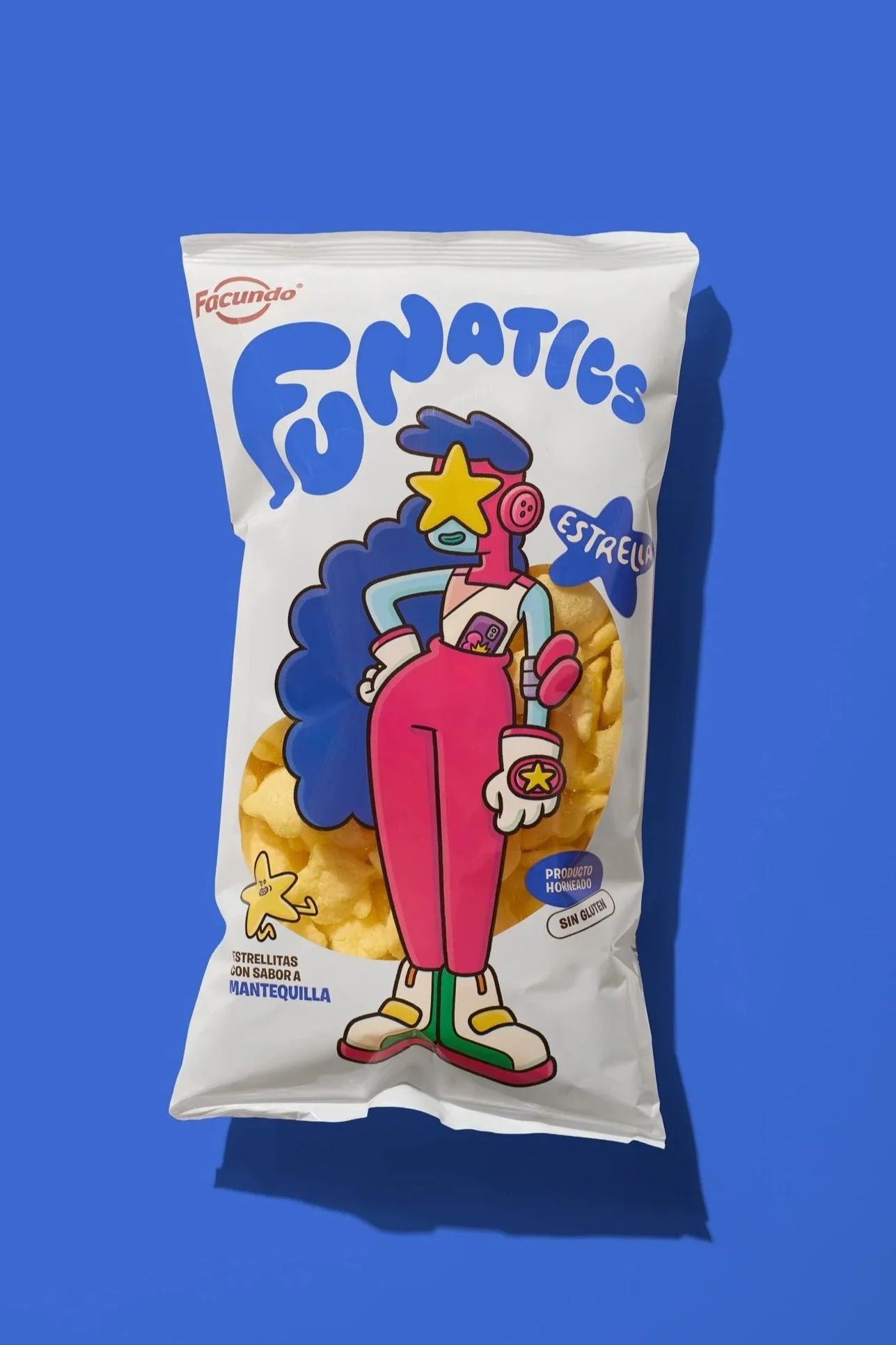 Funatics star-shaped potato snack bag photography displaying the charismatic hero mascot character Estrella.