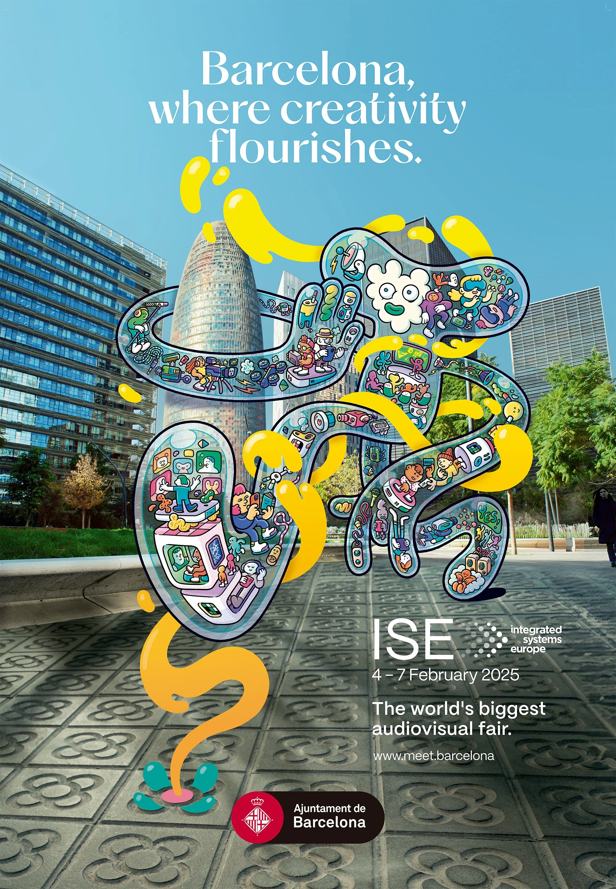 Mixed media campaign poster for Barcelona Floreix celebrating ISE 2025, featuring Brosmind's signature transparent character walking through a real Barcelona photograph filled with audiovisual tech elements and friendly whimsical characters.