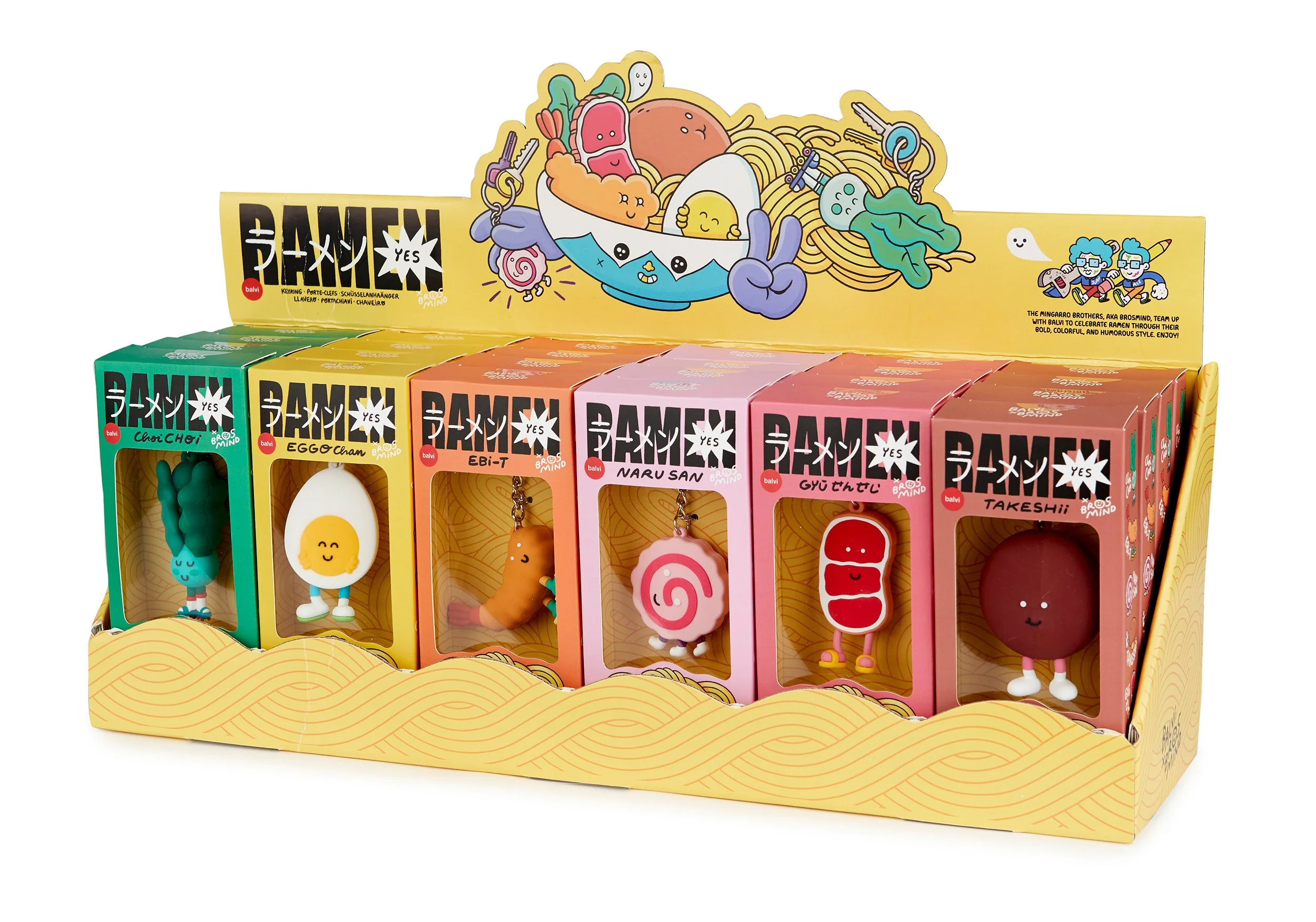 Retail store display stand filled with boxed Brosmind ramen keychains featuring vibrant Japanese artwork.