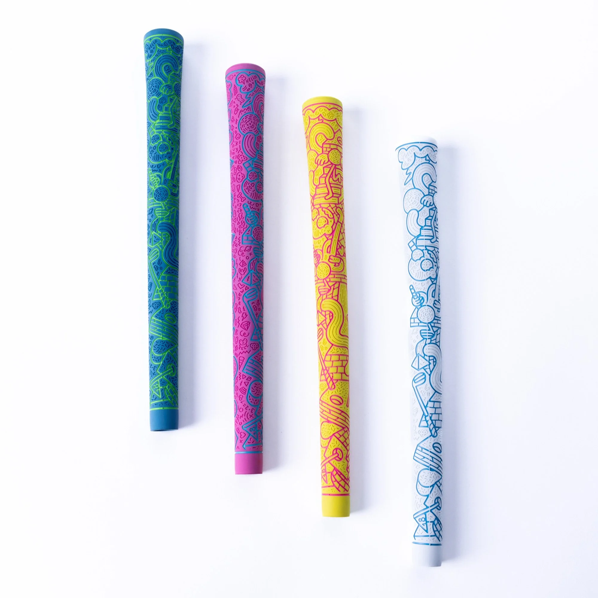 Full product view of four custom rubber golf grips in different colors, designed by Brosmind for RIPIT Grips.