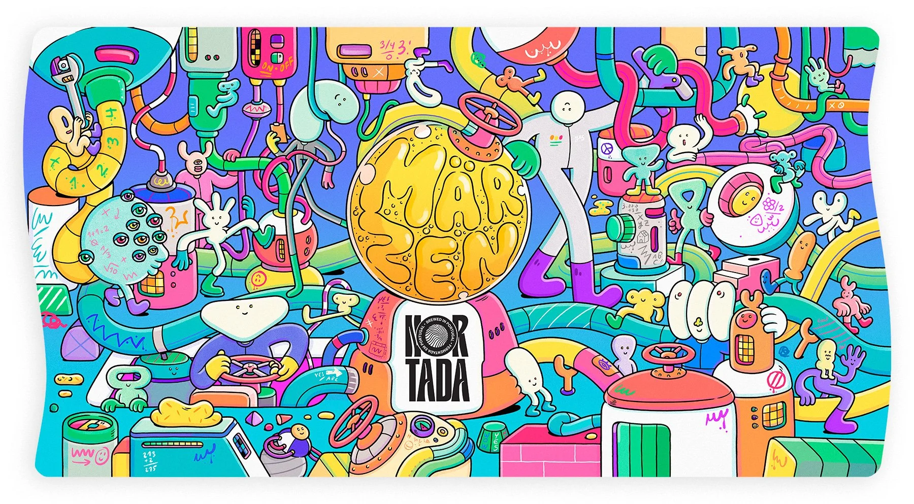 Die-cut beer label illustration by Brosmind for Nortada Märzen, featuring acid colors, mechanic brewers, and chaotic overlapping hoses.