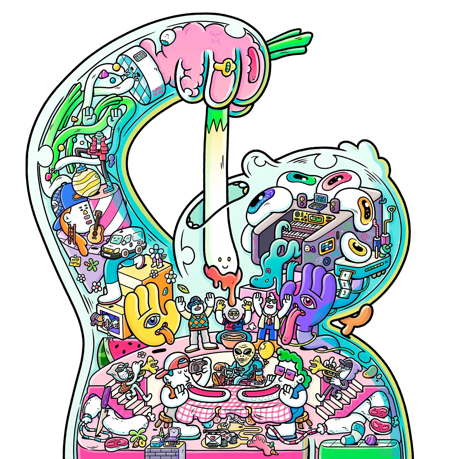 Album cover illustration by Brosmind for Figa Flawas' La Calçotada, featuring a transparent silhouette eating a calçot filled with characters and band symbolism.