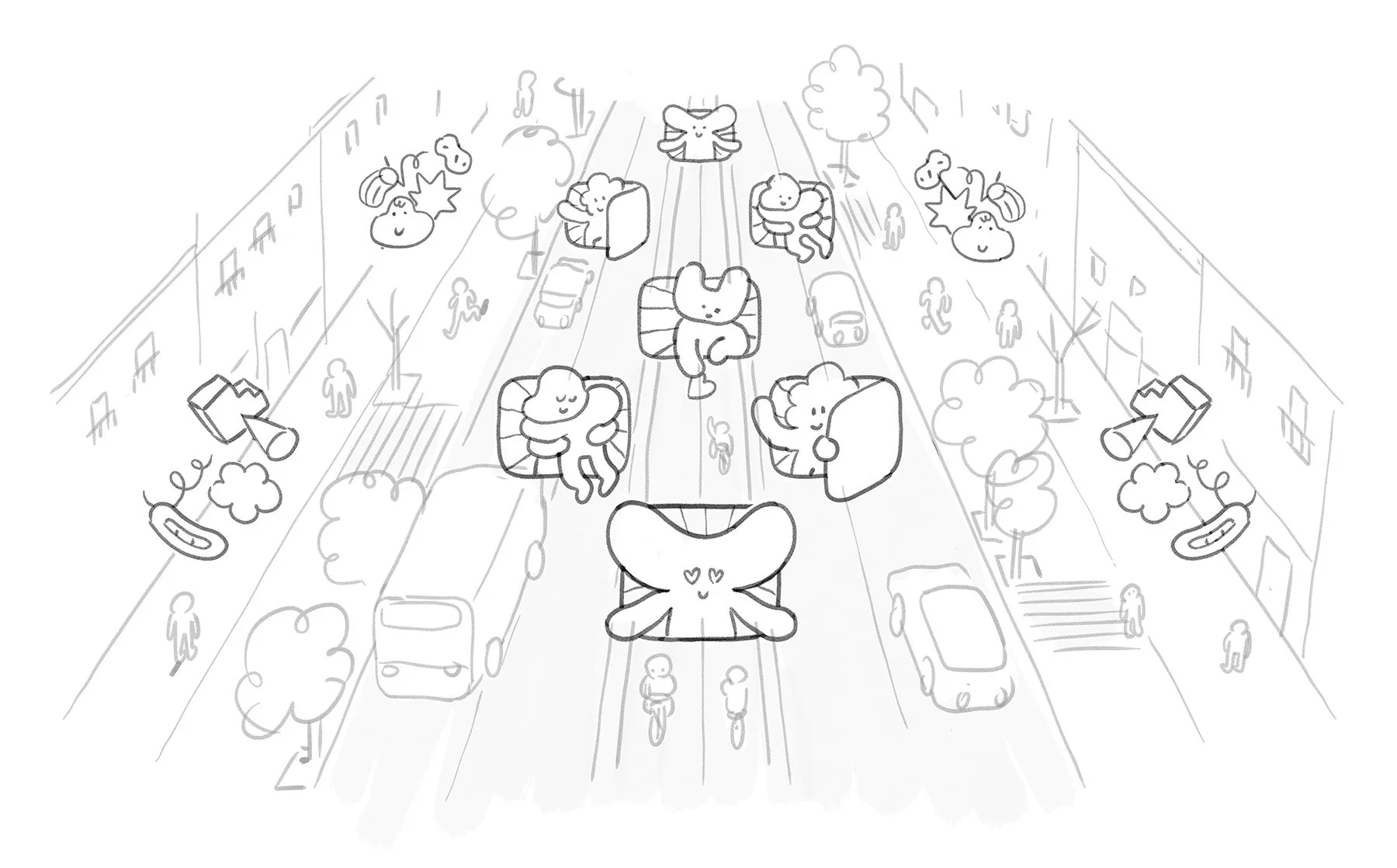 Concept sketch showing the placement of Brosmind's Christmas light panels and icons across street and sidewalk.