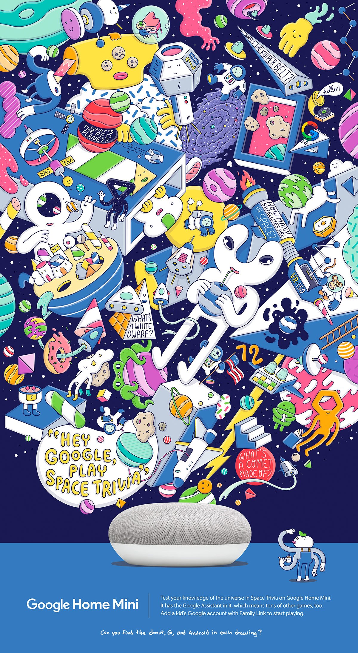 Space Trivia illustration of Google Home device emitting aliens, spaceships, and shapes by Brosmind for print ad.