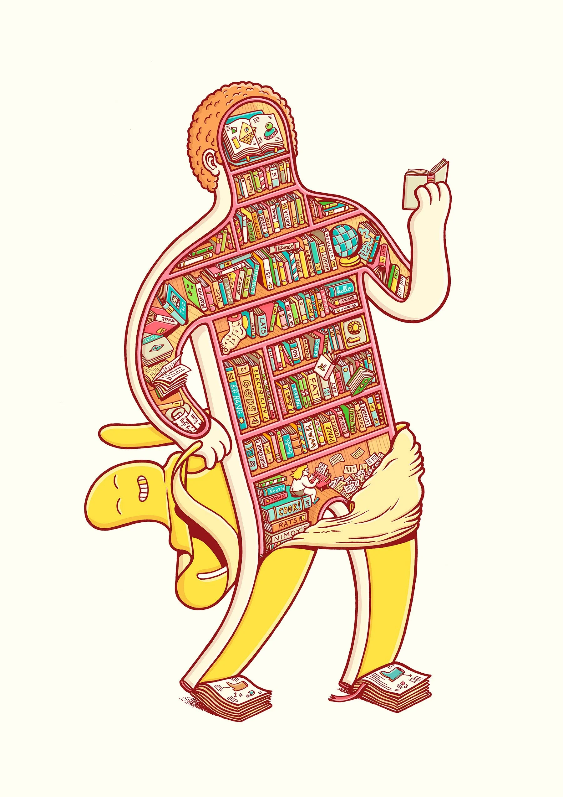 Character with peeled skin revealing an interior made of bookshelf shelves filled with detailed little books. 