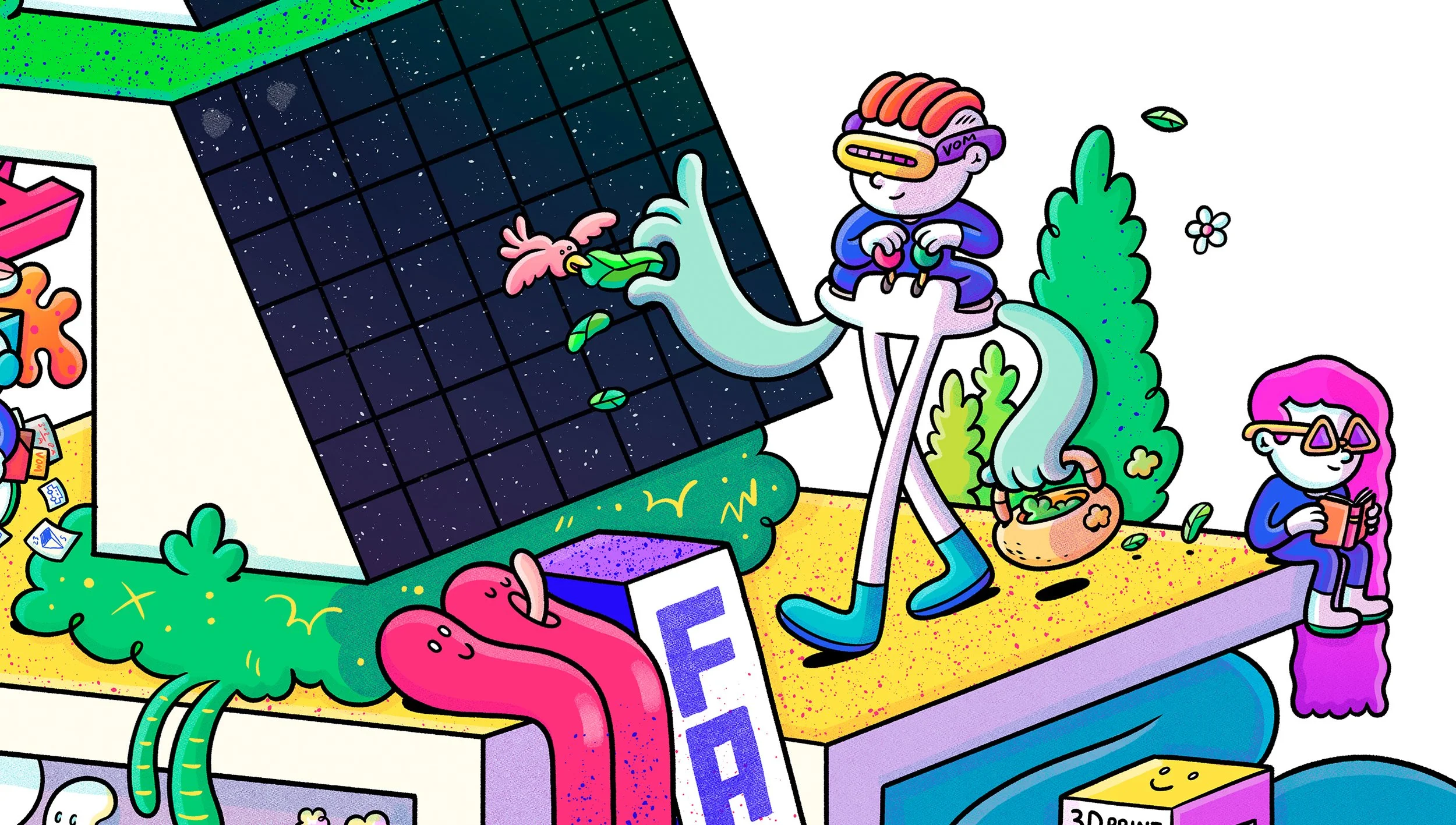 Illustration detail of a character in a walker mecha feeding a cute bird next to rooftop solar panels in a green eco-building.