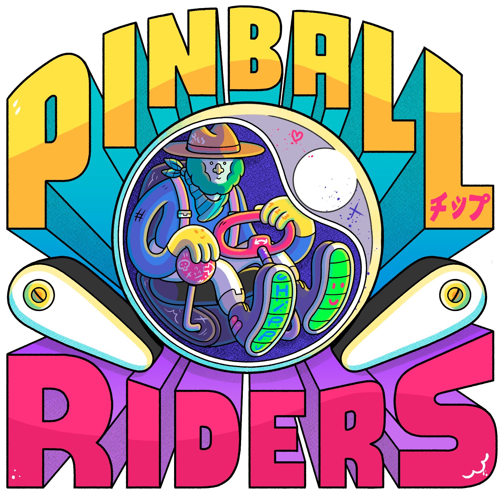 Pinball Riders game logo emblem artwork, featuring the title typography surrounding a spherical pinball driven by a retro-futuristic cowboy.