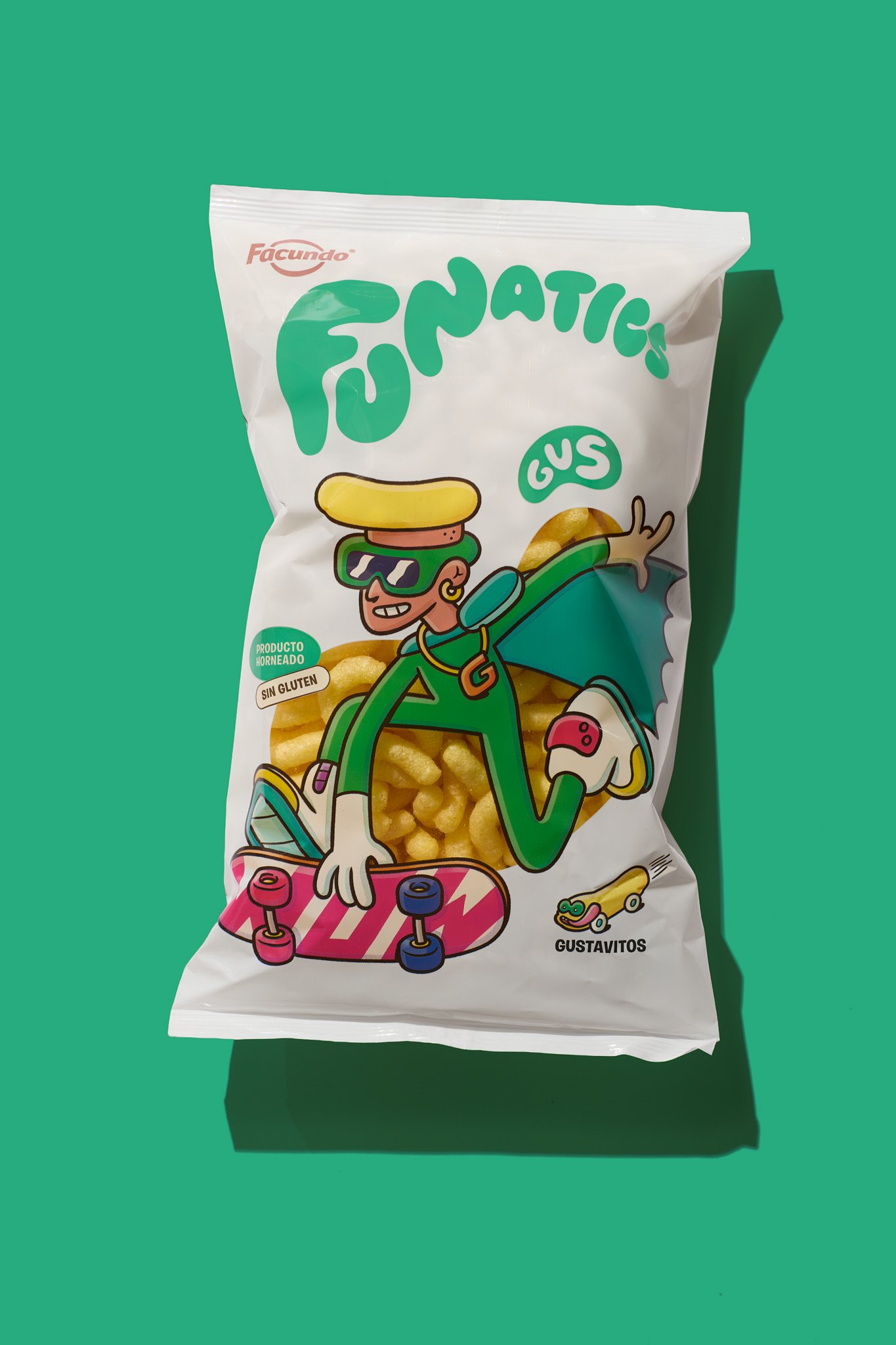Facundo Funatics extruded corn snack bag showing the super-speed skateboarder character artwork named Gus.