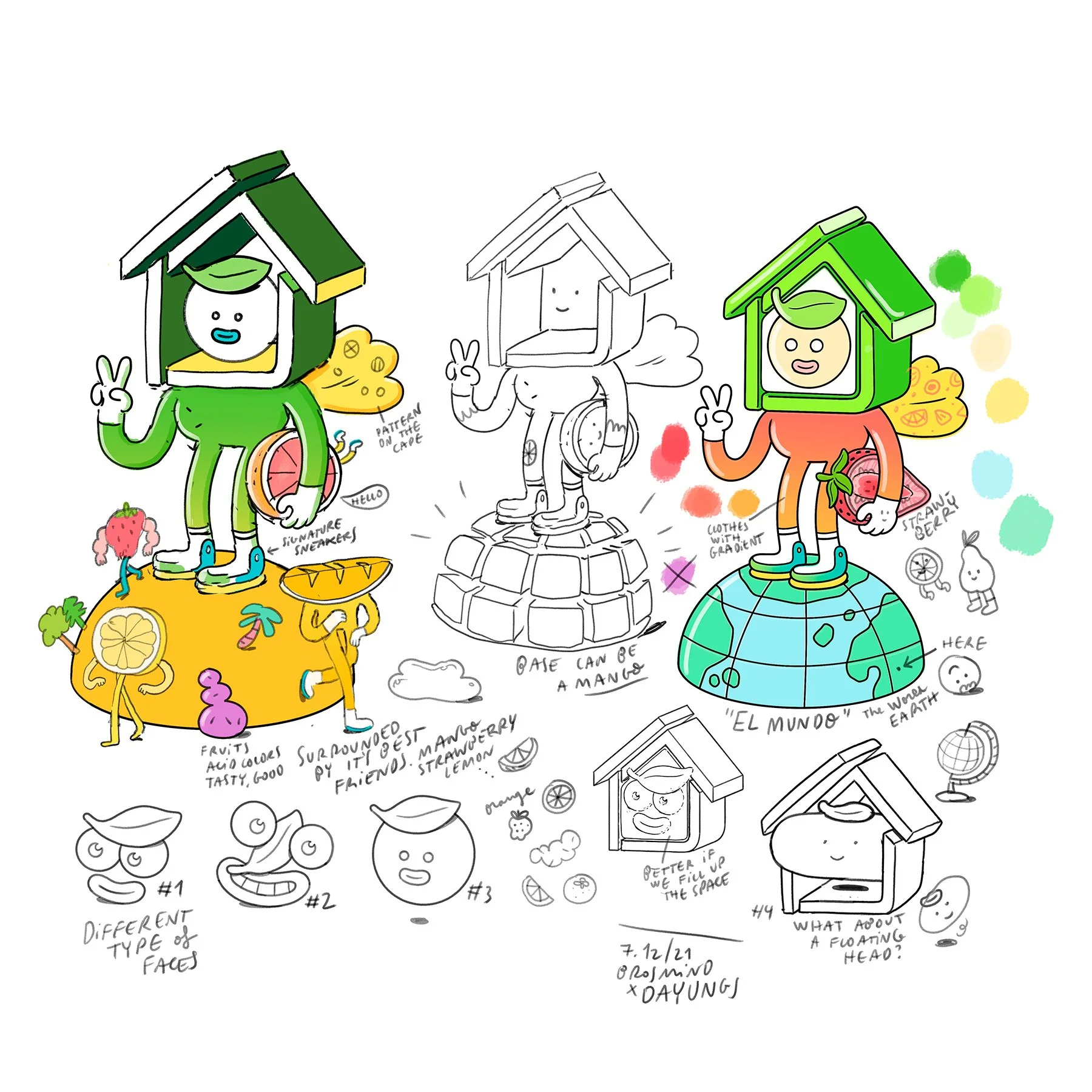 Character design process board showing early pencil sketches, color tests, and final artwork by Brosmind. 