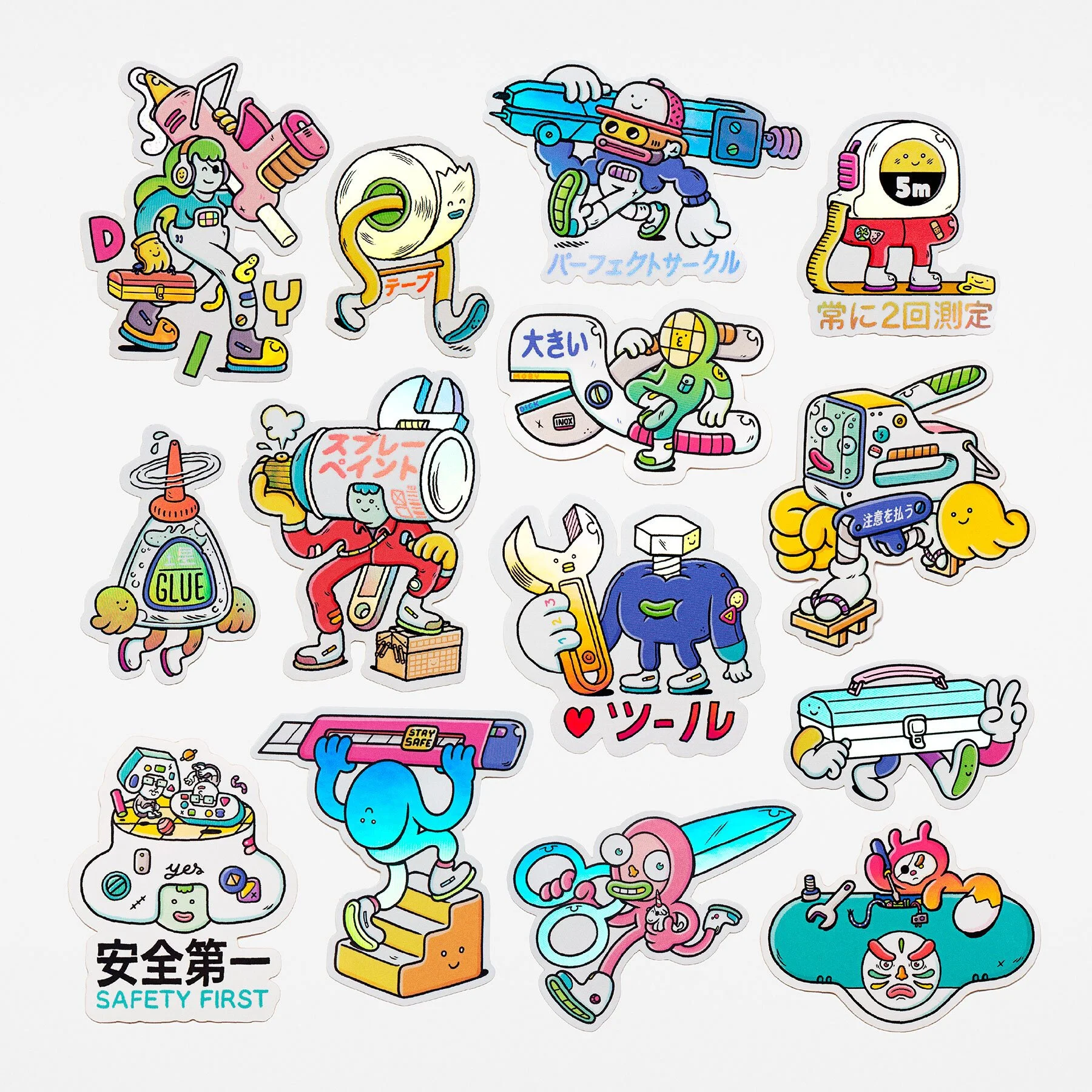 Top-down shot of the vibrant DIY character sticker set with holographic details designed by Brosmind. 