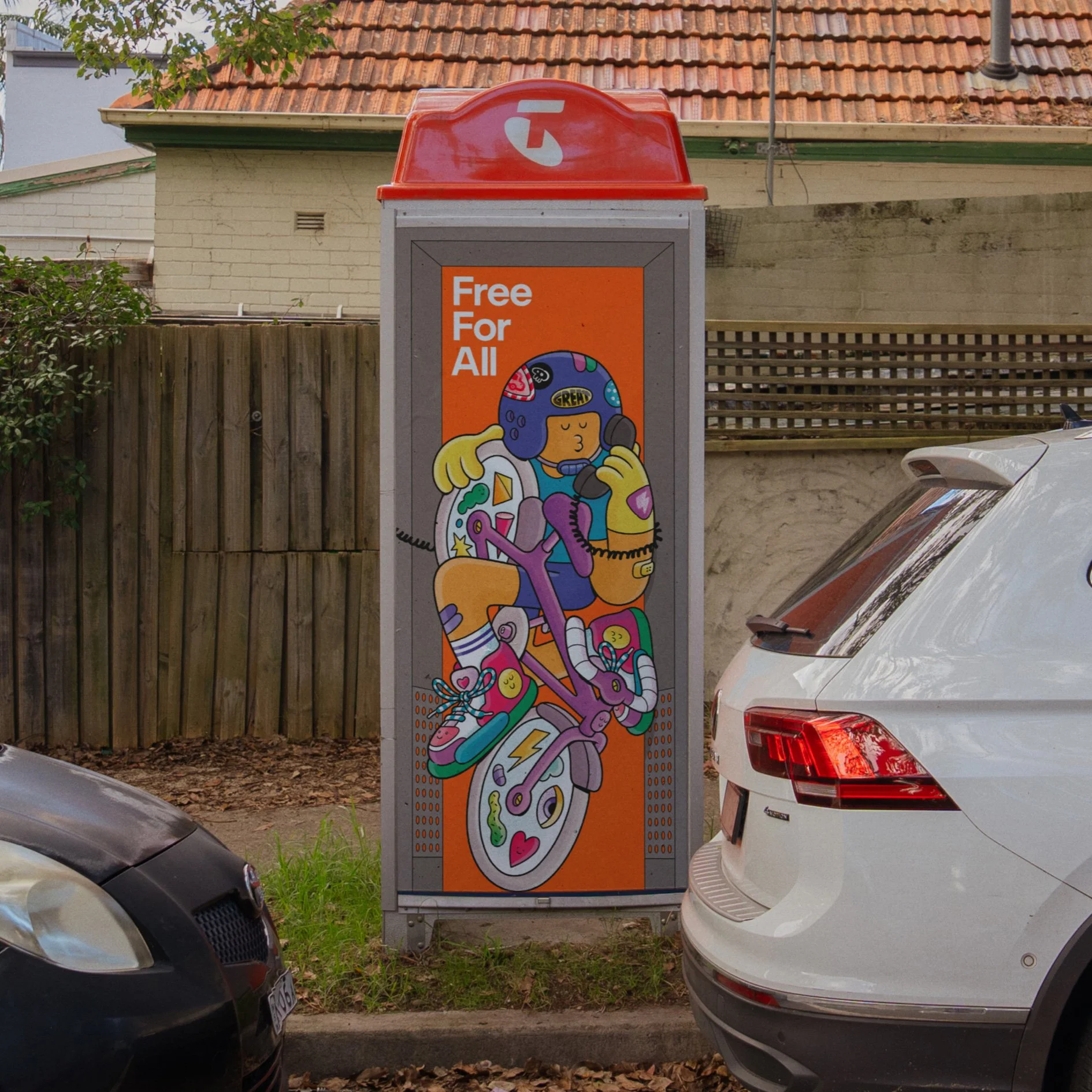 Outdoor Telstra booth illustration of an energetic BMX rider character, created by Brosmind for the Australian nationwide campaign.