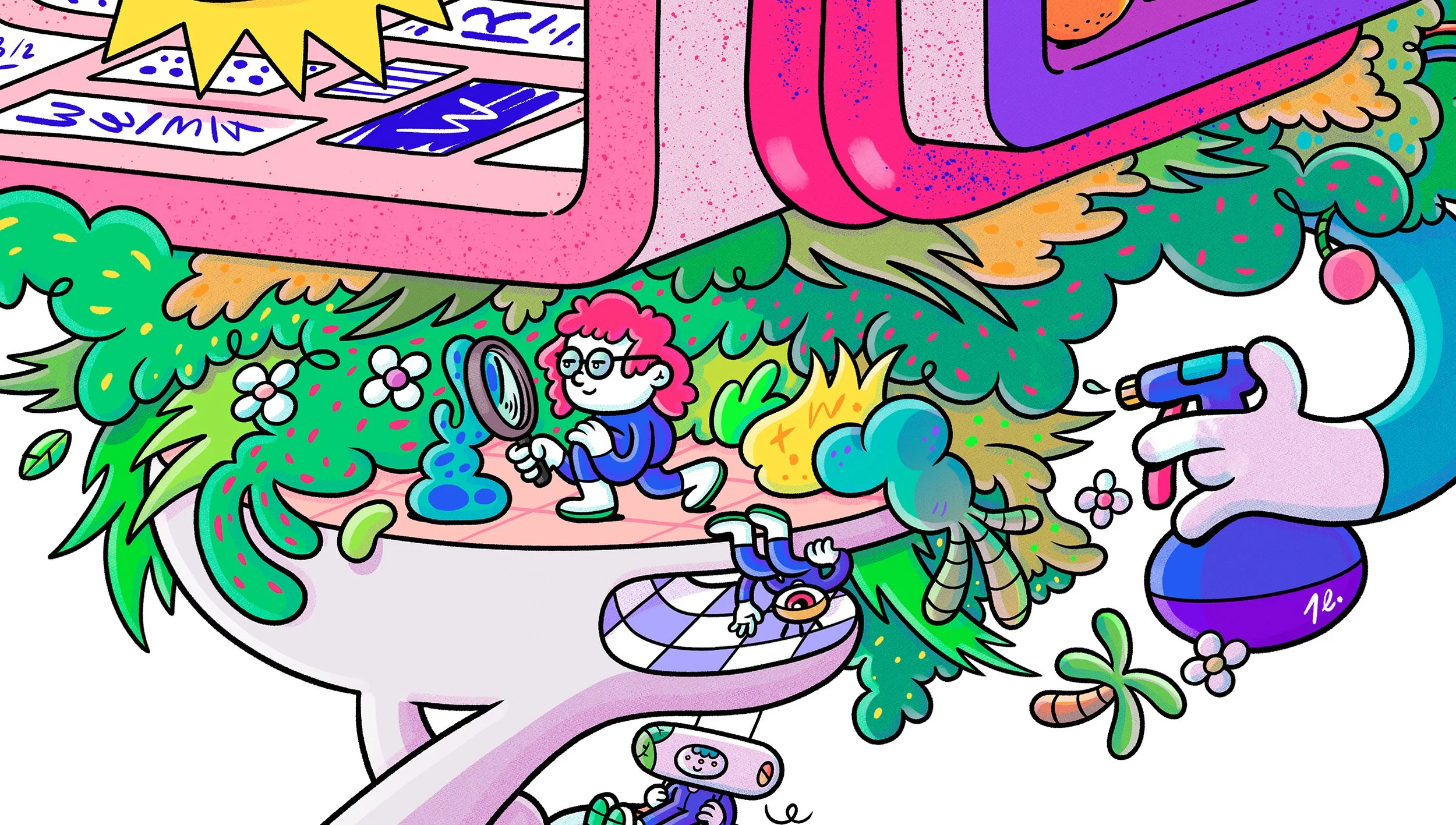 Close-up illustration detail of a scientist examining plants with a magnifying glass while a giant hand sprays water in a lush garden.