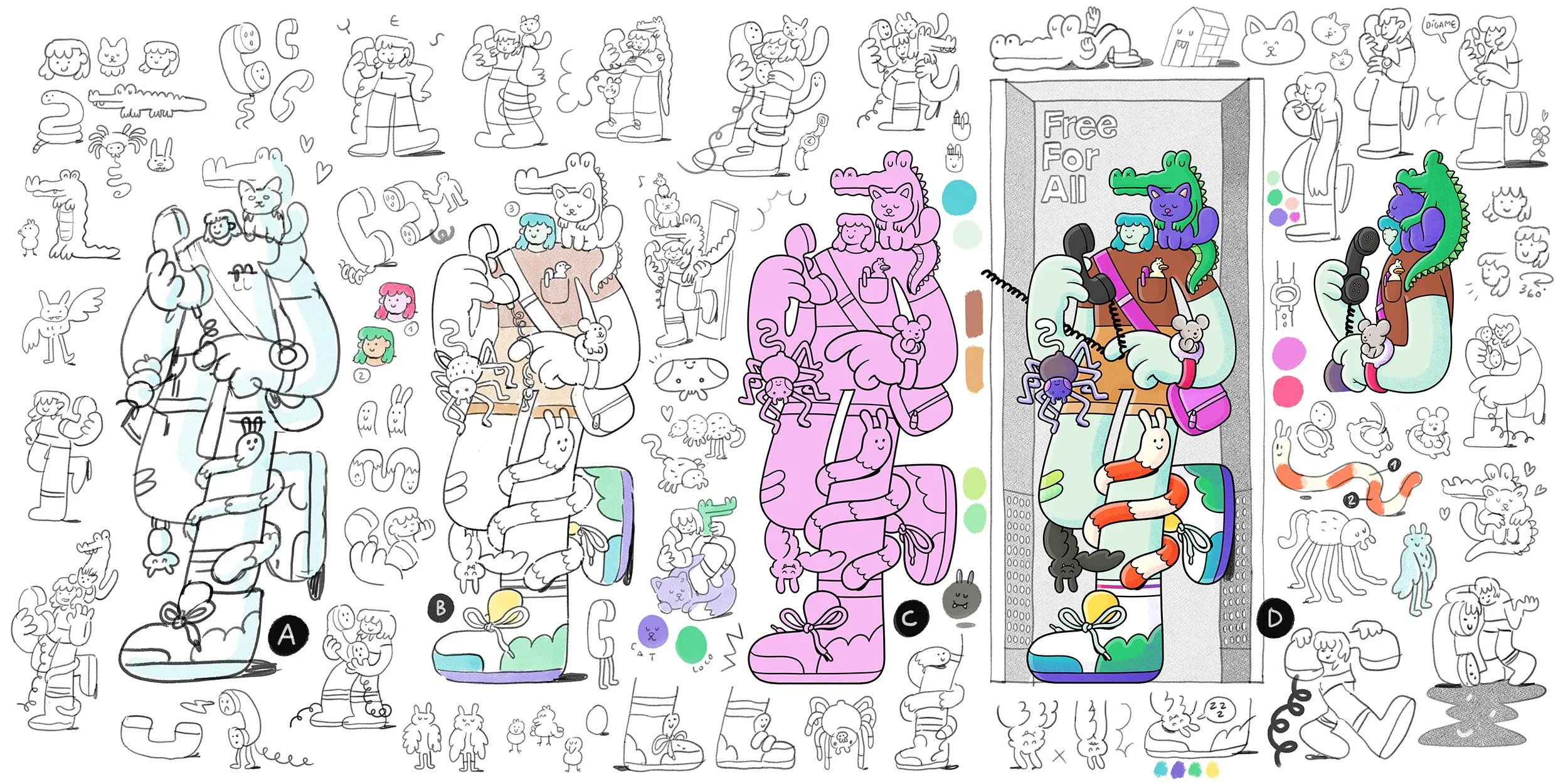 Complete creative process board showing pencil line art, color tests, and final character illustrations for the Telstra campaign.