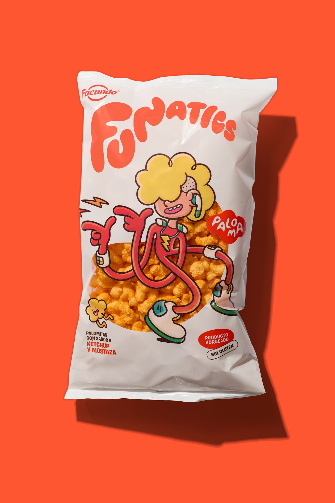 Funatics popcorn ketchup and mustard flavor packaging photo featuring Brosmind's elastic superhero character design named Paloma for Facundo.