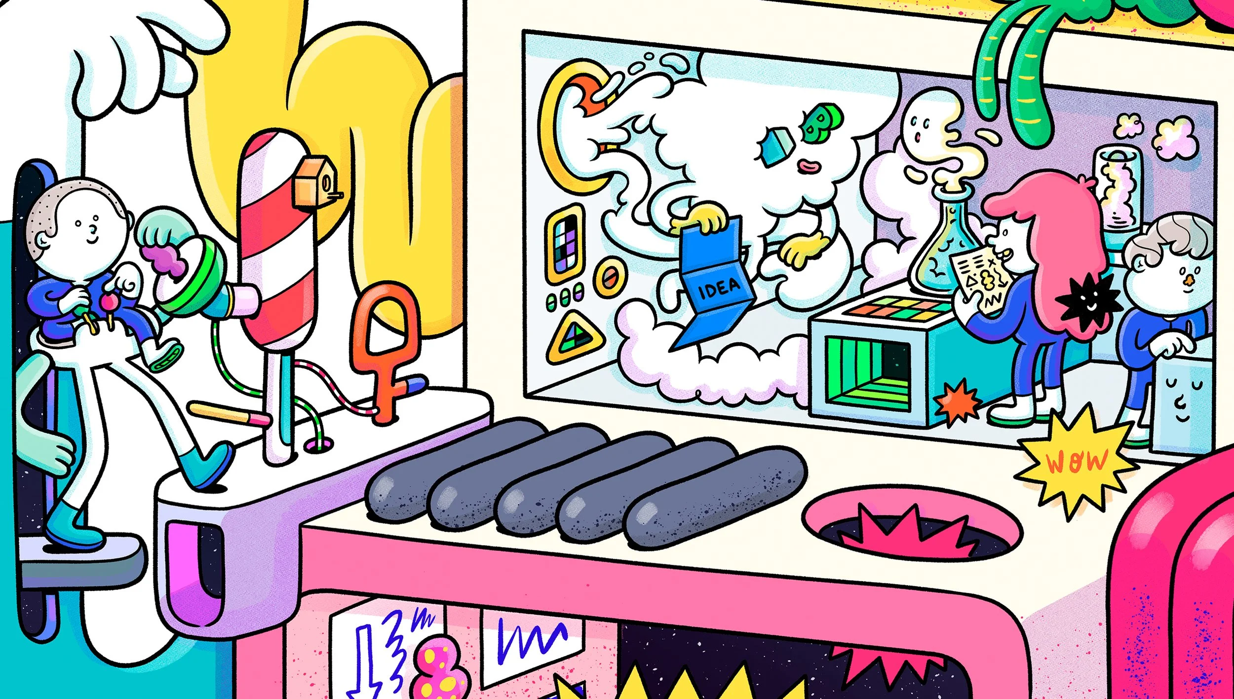 Vibrant illustration detail of Farm FabLab showing young scientists experimenting with colorful machines and driving a walking mecha robot.