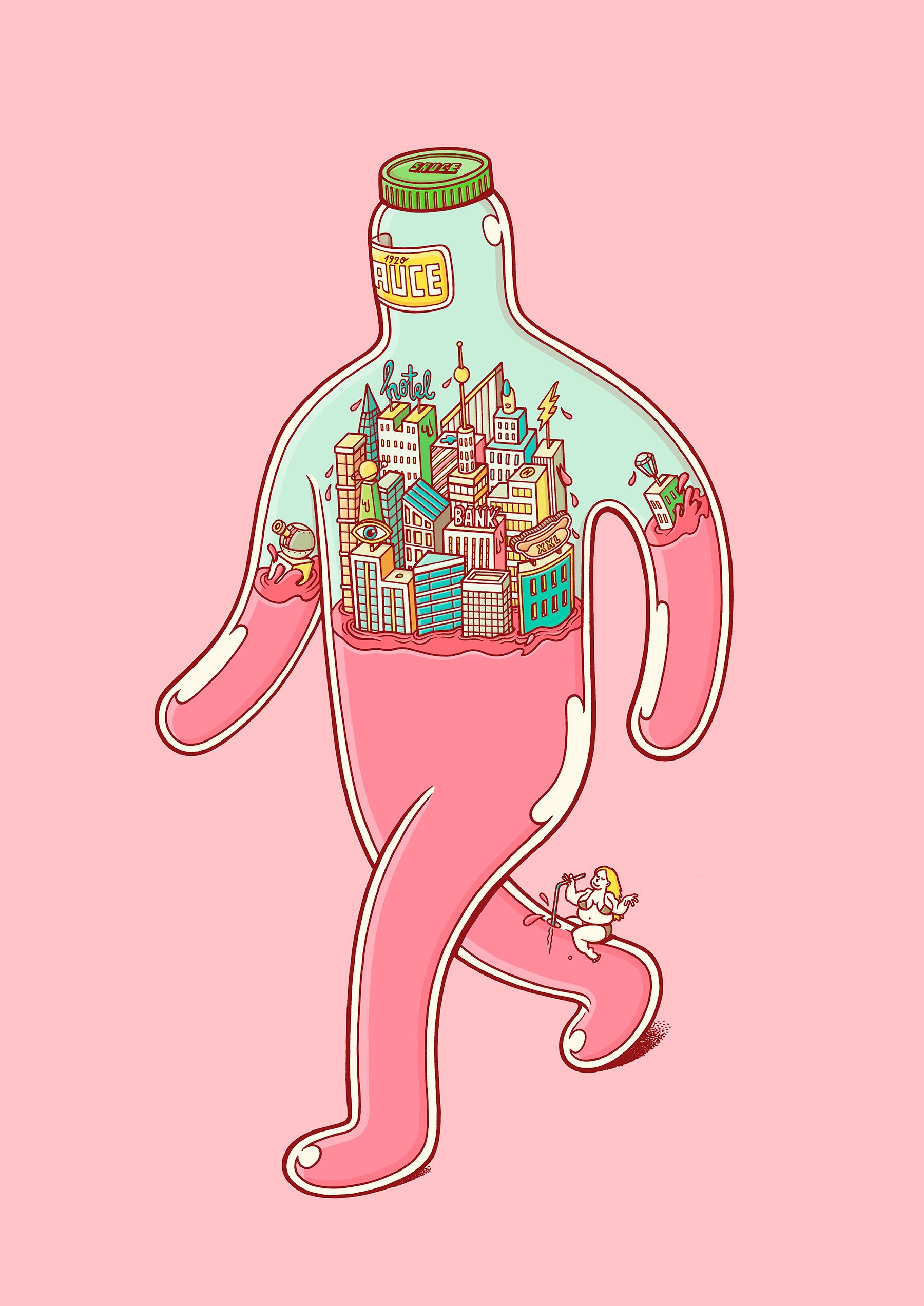 Glass character filled with red liquid, featuring a floating miniature city with buildings and signs.