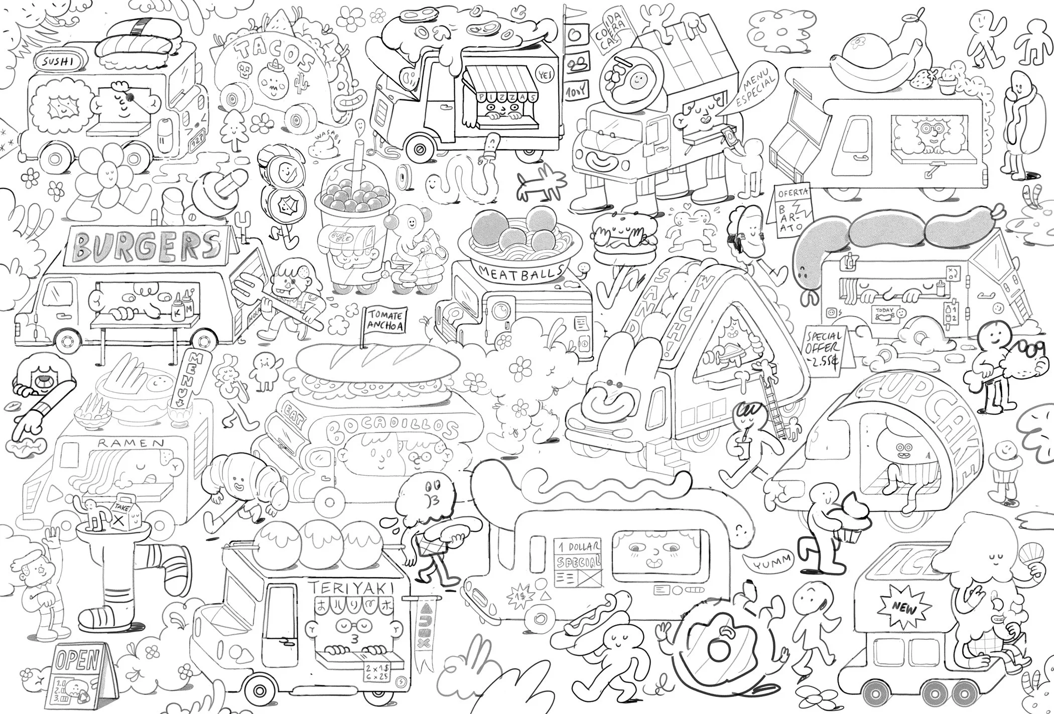 Original pencil sketch and creative process for the Brosmind x Balvi food trucks illustration puzzle.