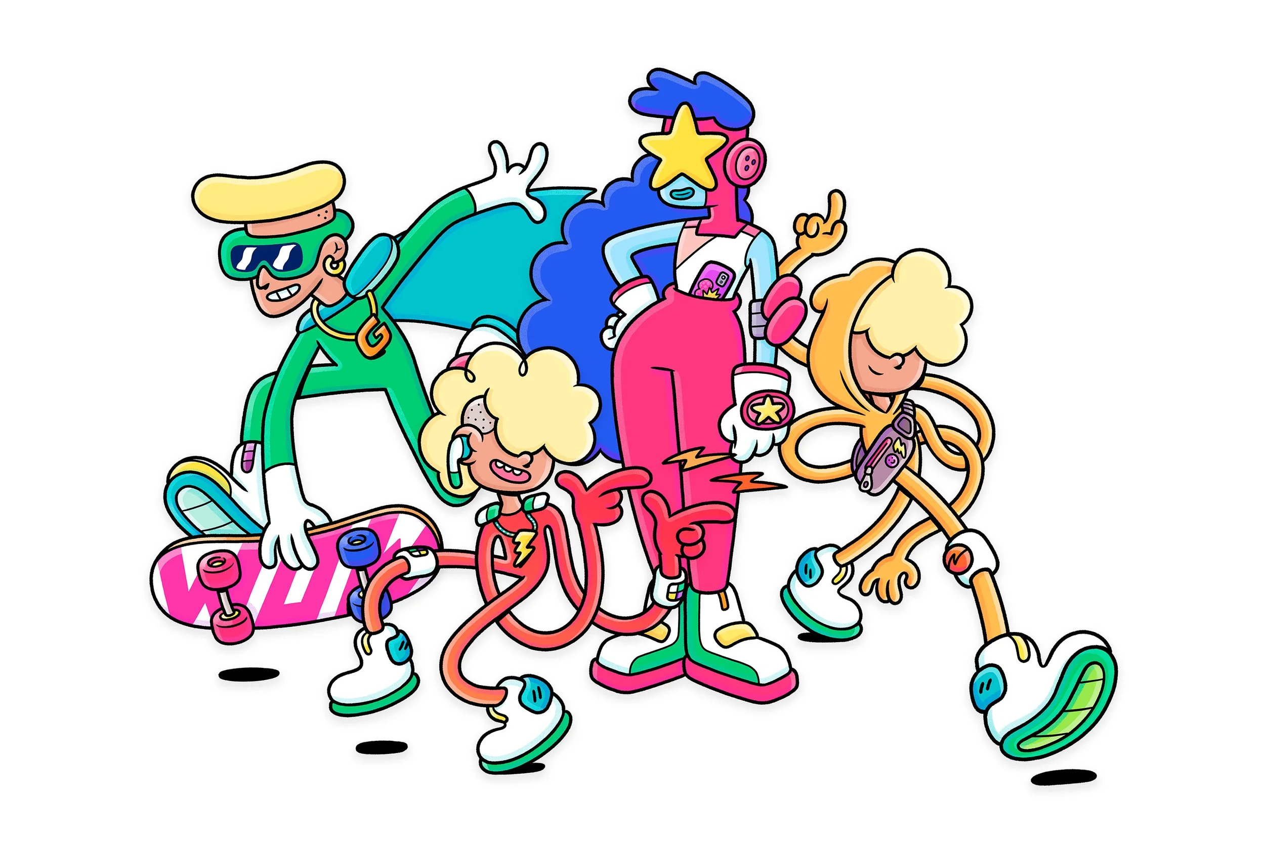 Group character illustration artwork for Funatics snacks, showing the mascot heroes in an energetic superhero action pose.