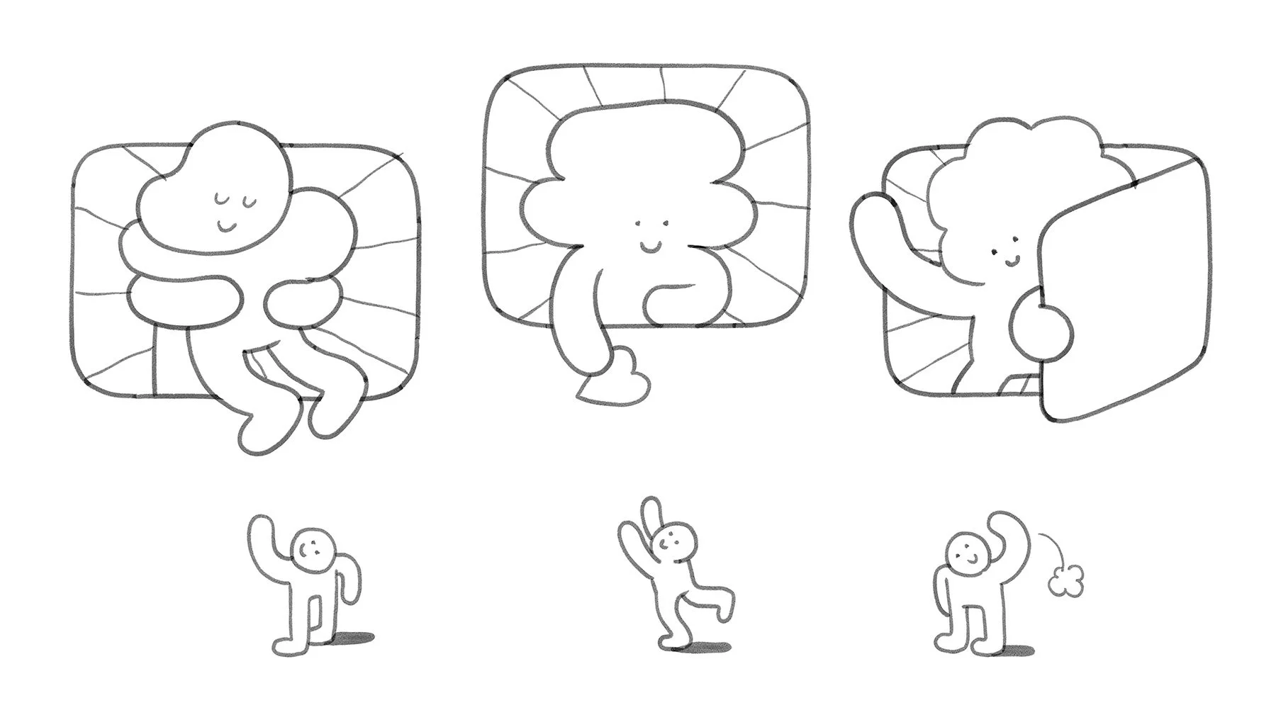 Sketches of comic panel lights featuring Kawaii characters sharing love and festive cheer above the roadway.