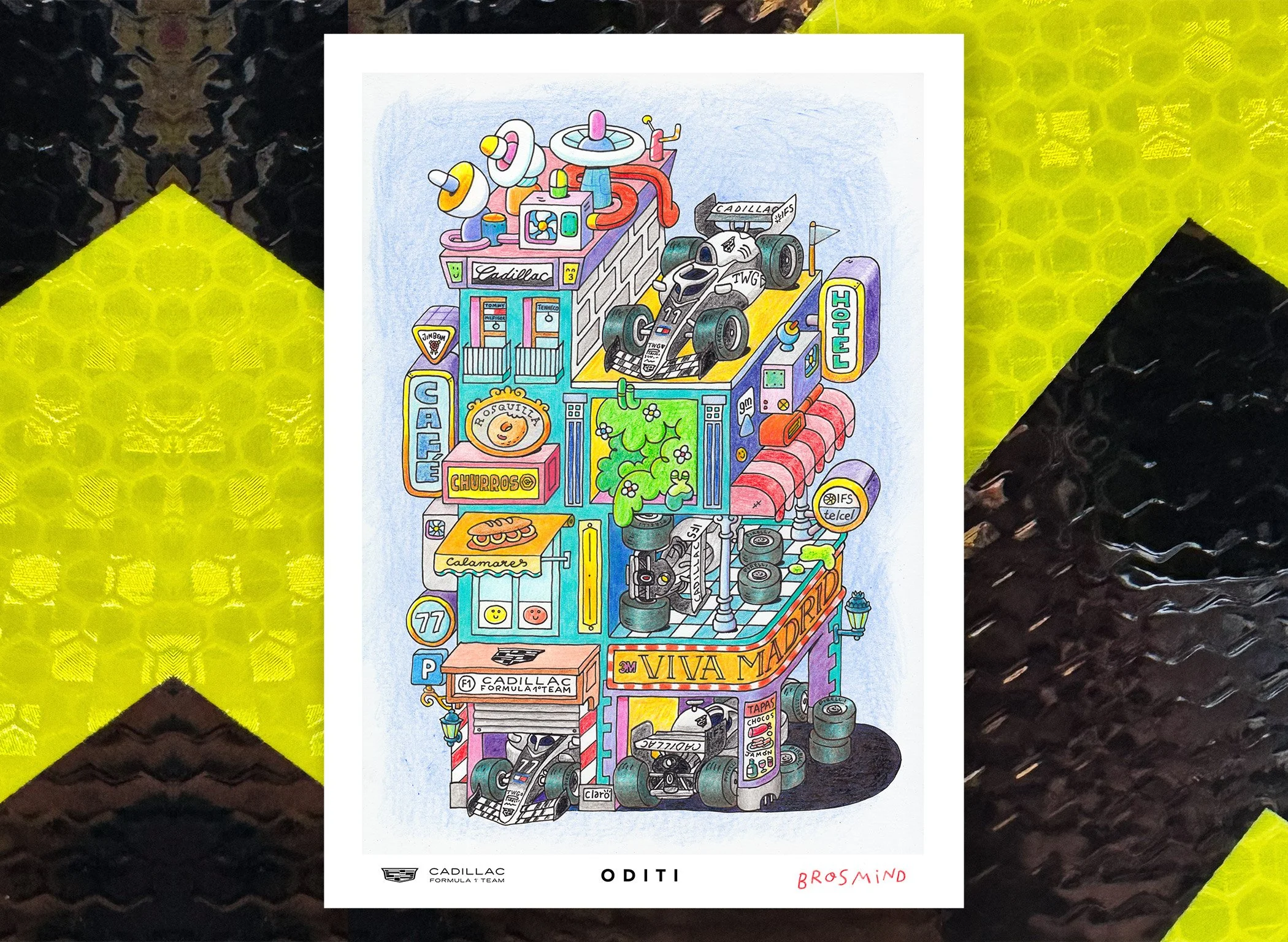 Full Brosmind illustration for Cadillac Formula 1 Team x ODITI, featuring a Madrid Spanish Grand Prix poster with city architecture and local culture motifs.