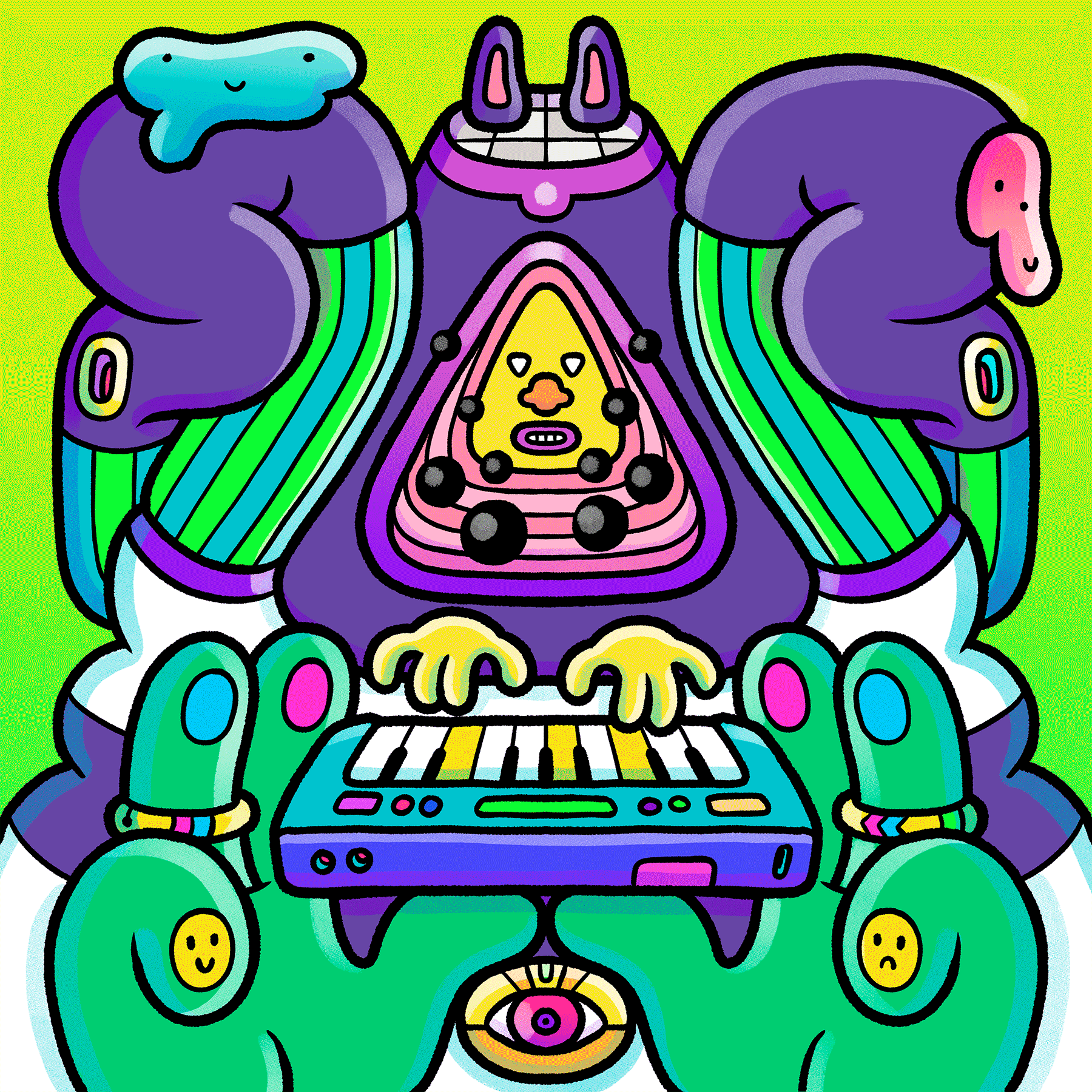 Animated cosmic deity playing a synth keyboard emitting lightning bolts with multiple small hands.