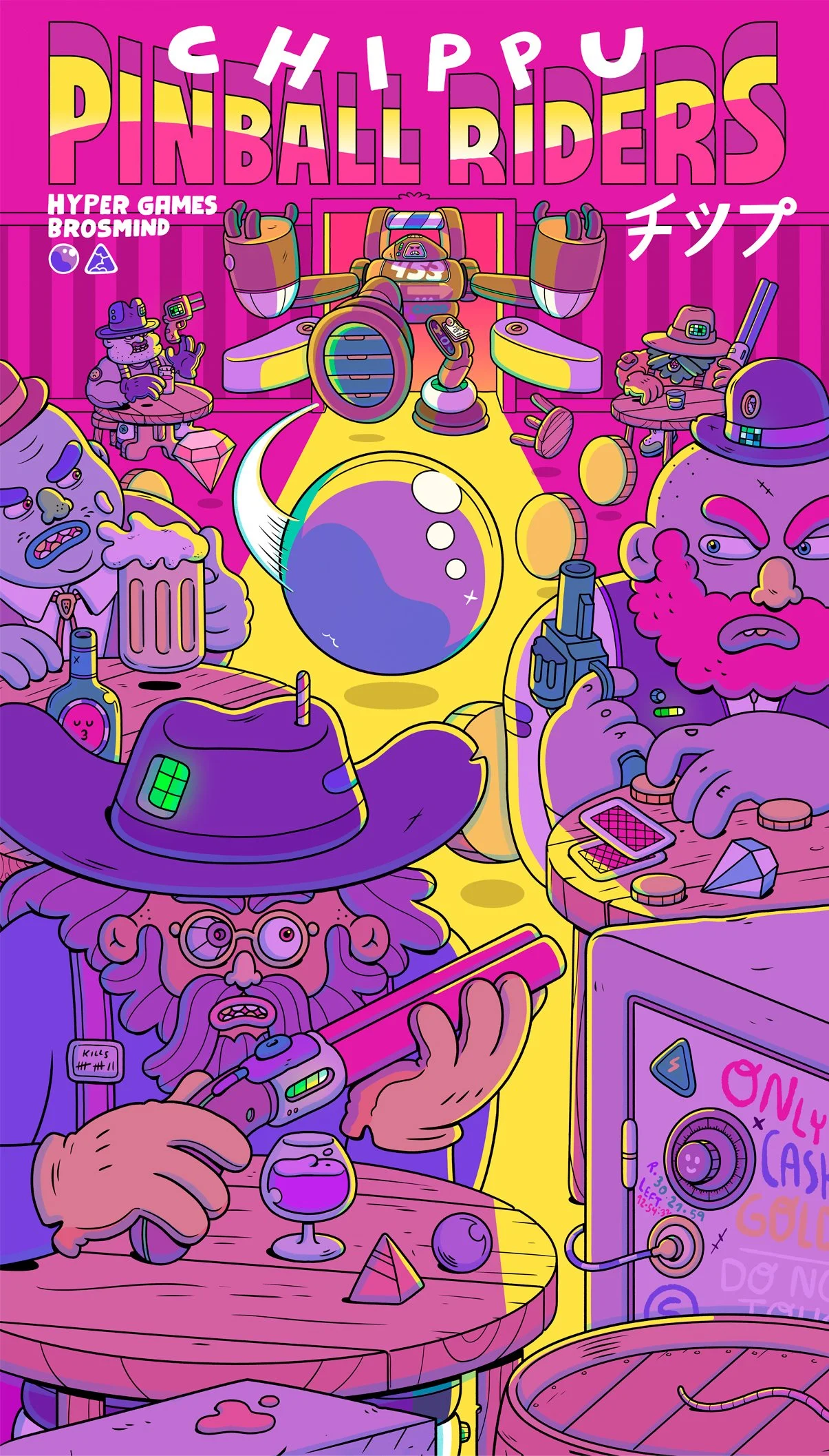 Vertical promotional poster artwork for Pinball Riders video game by Brosmind, depicting a retro-futuristic western saloon with a mecha shooting a pinball.